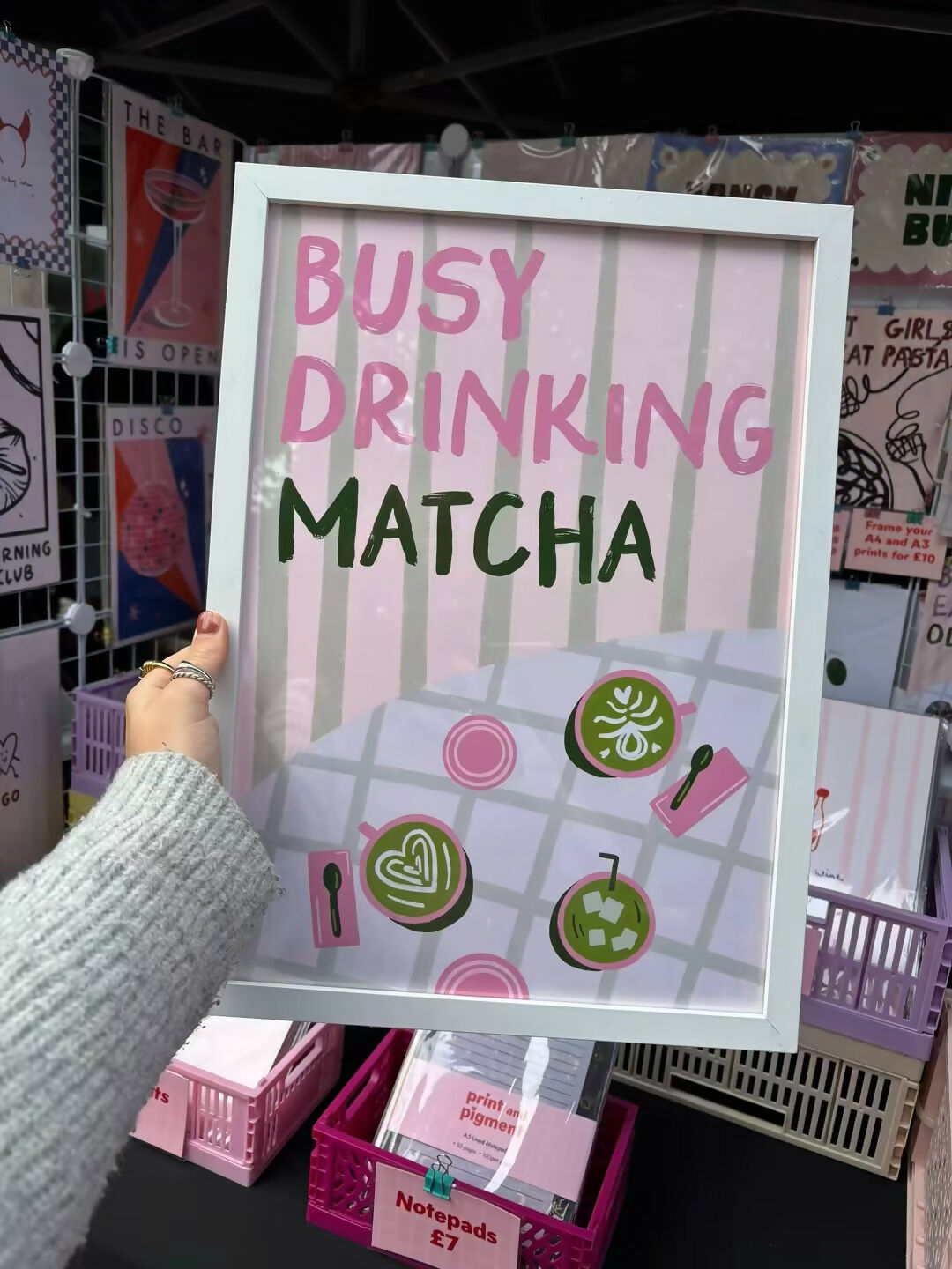 Busy Drinking Matcha Print – Pink Coffee Shop Print