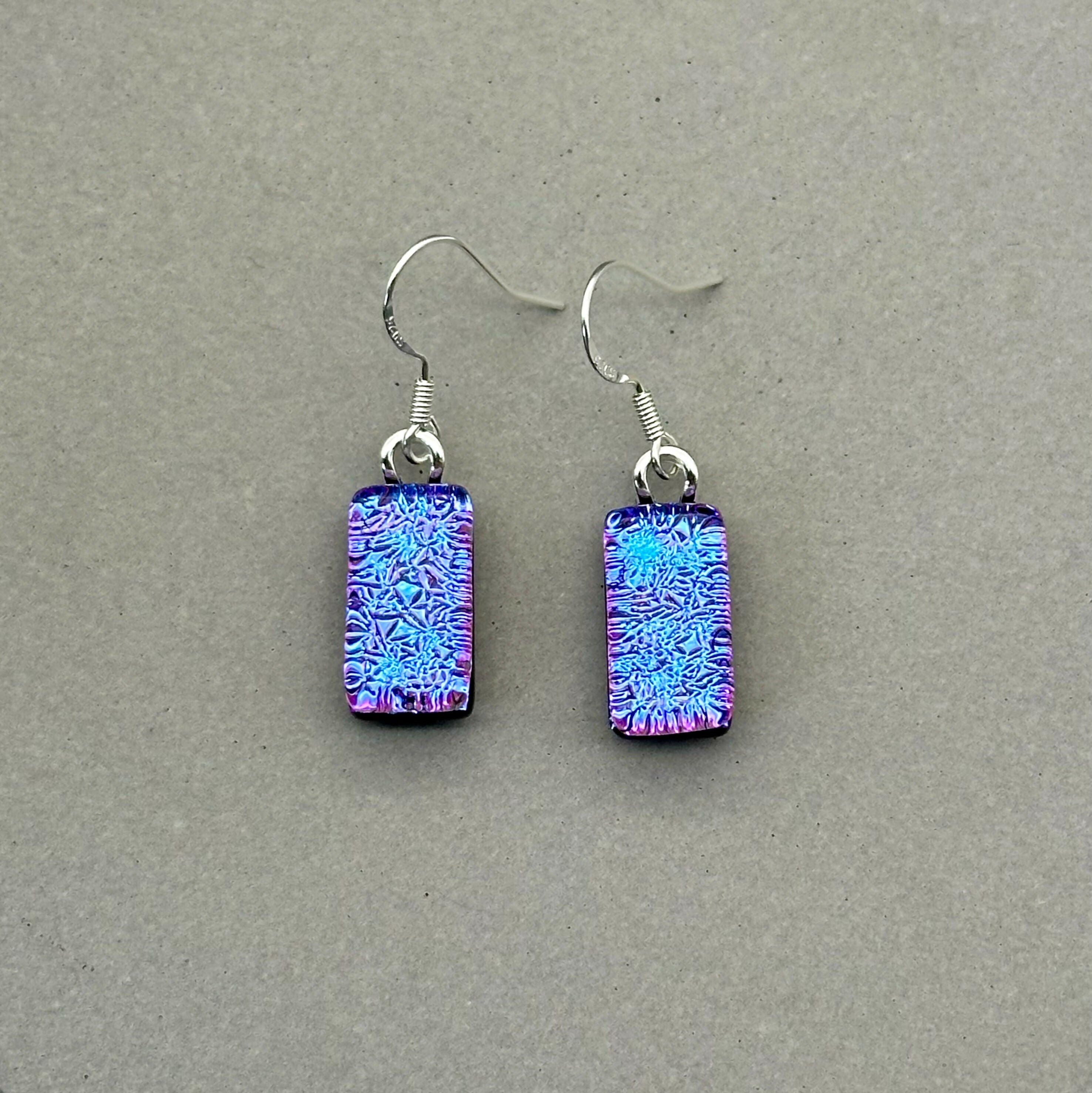 Purple & Pink Crackle Dichroic Fused Glass Dangle Sterling Silver Earrings - Handmade by Jade Tapson Glass.