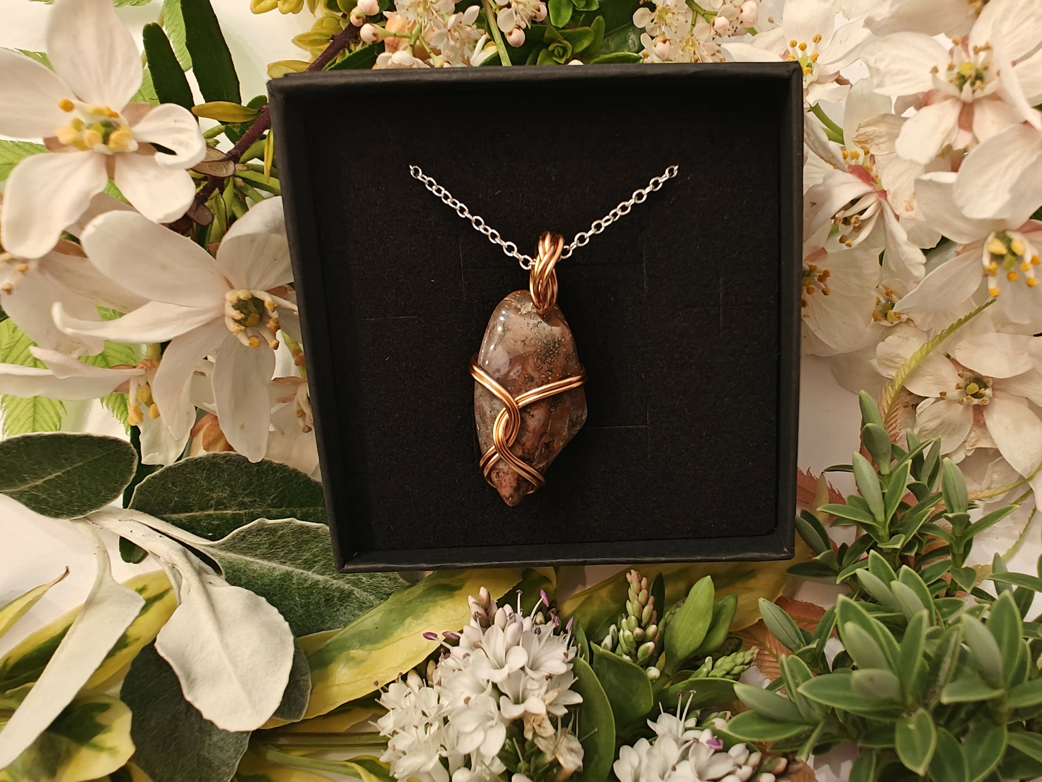 Jasper Wire Wrapped Crystal Pendant on Sterling Silver Chain