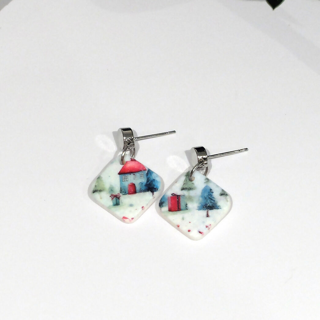 Christmas Village Dangle Earrings - Handmade Polymer Clay - Polly Plant