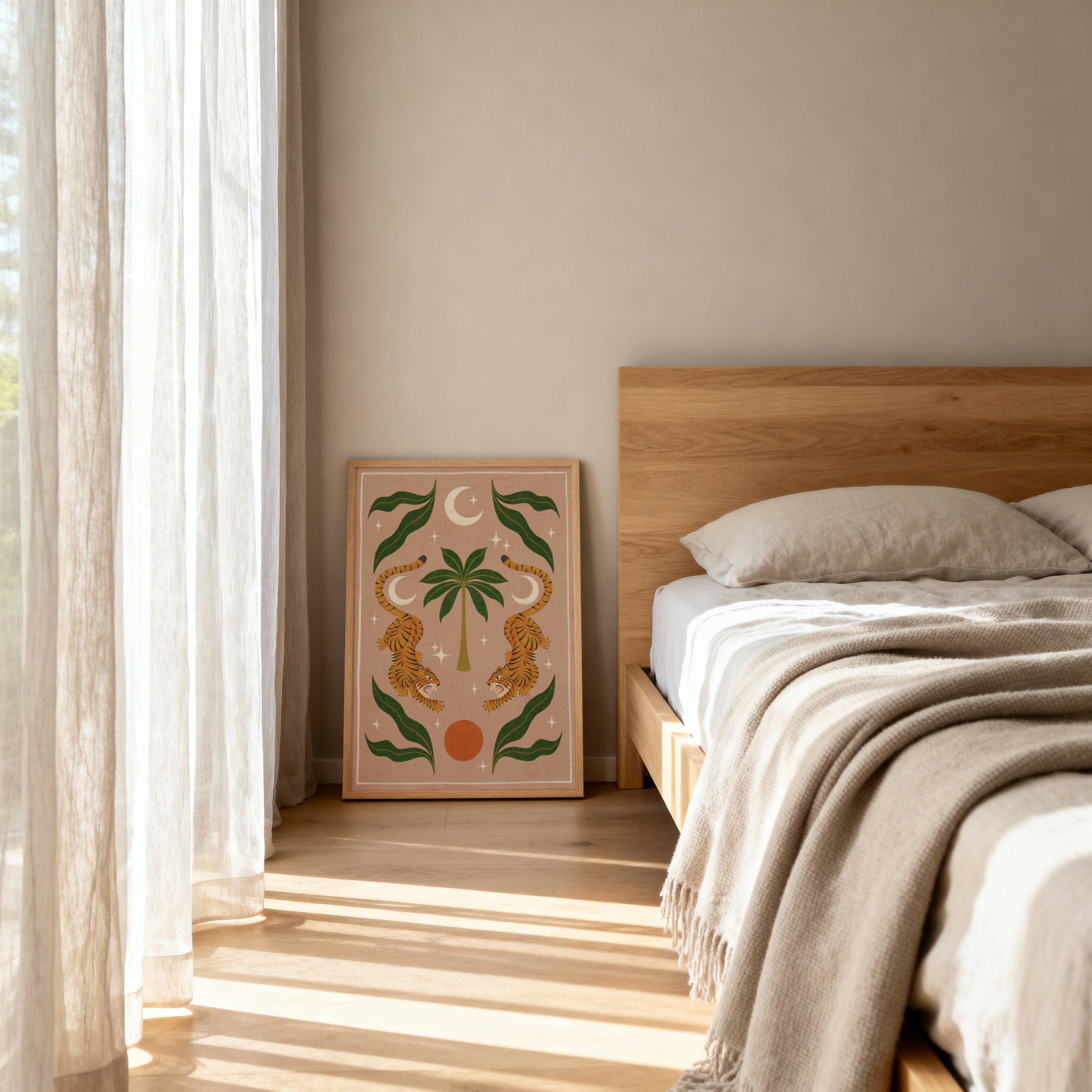 Tiger Art Print, Boho Tropical Wall Art, Symmetrical Tiger Illustration Sun Moon Decor (A2)