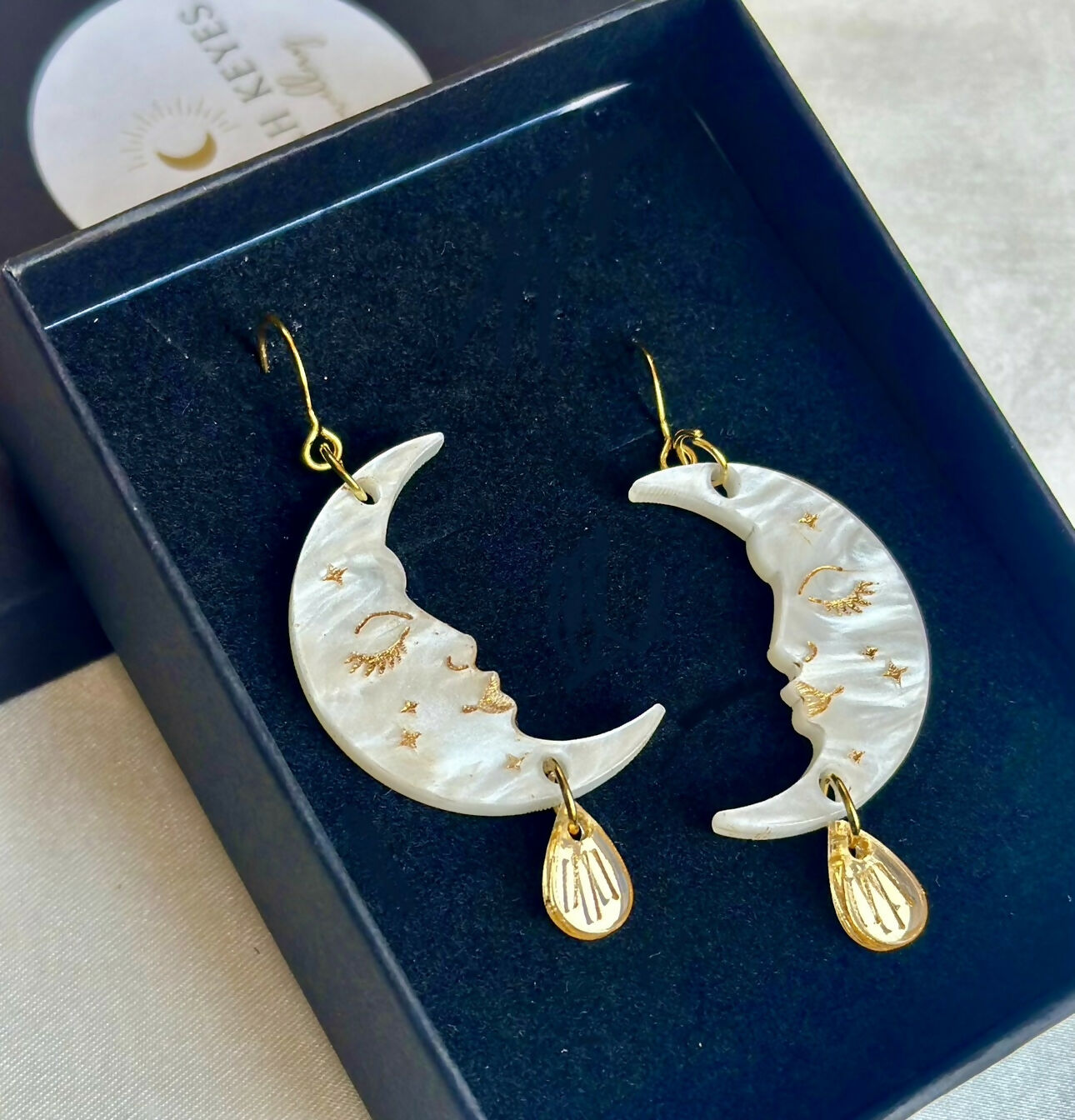 Celestial Crescent Moon Face Earrings with Gold Drop