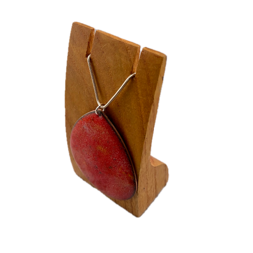Red Enamel Oval Pendant On Sterling Silver Chain