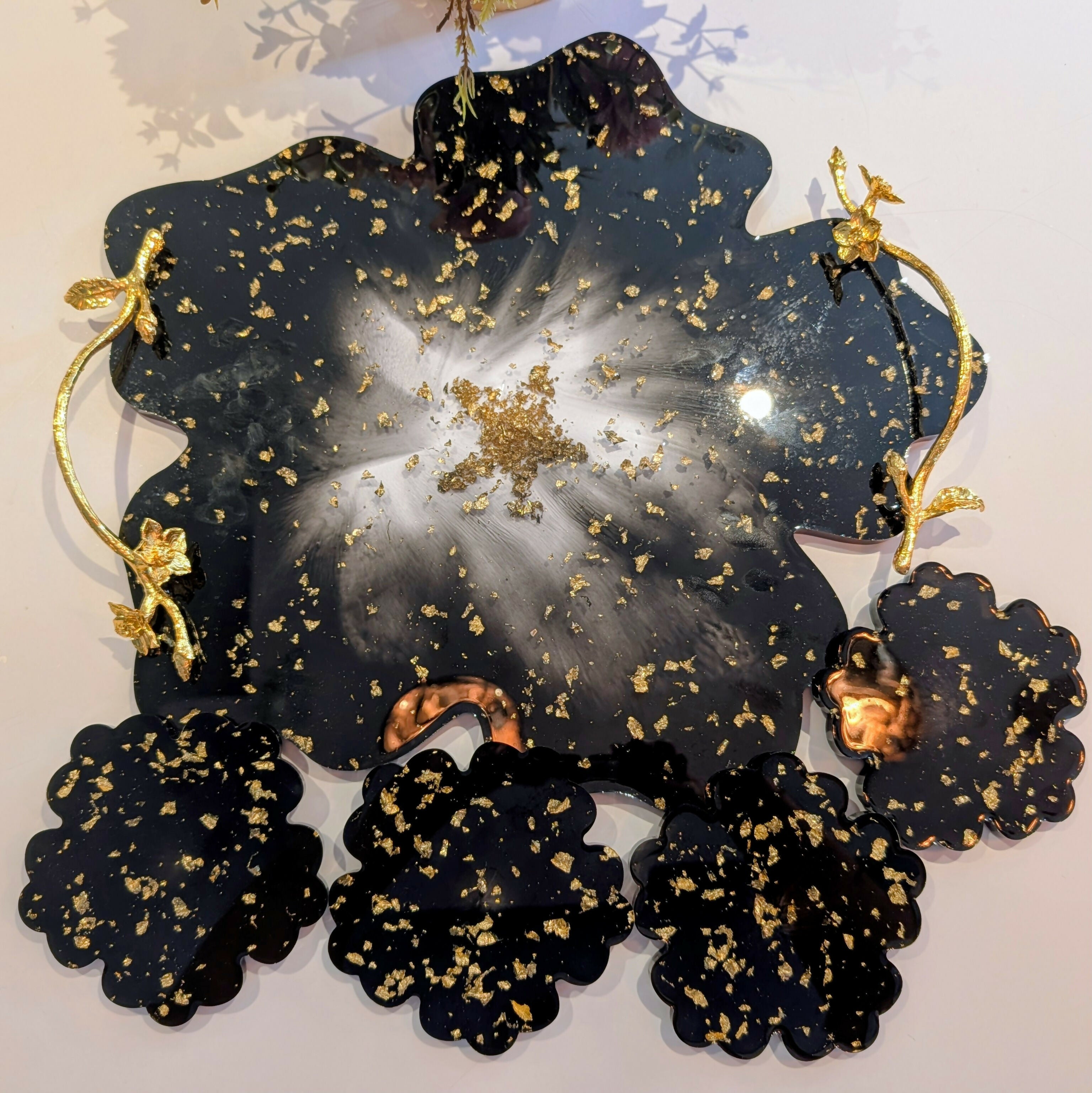 ELEGANT RED FLORAL RESIN TRAY SET WITH COASTERS