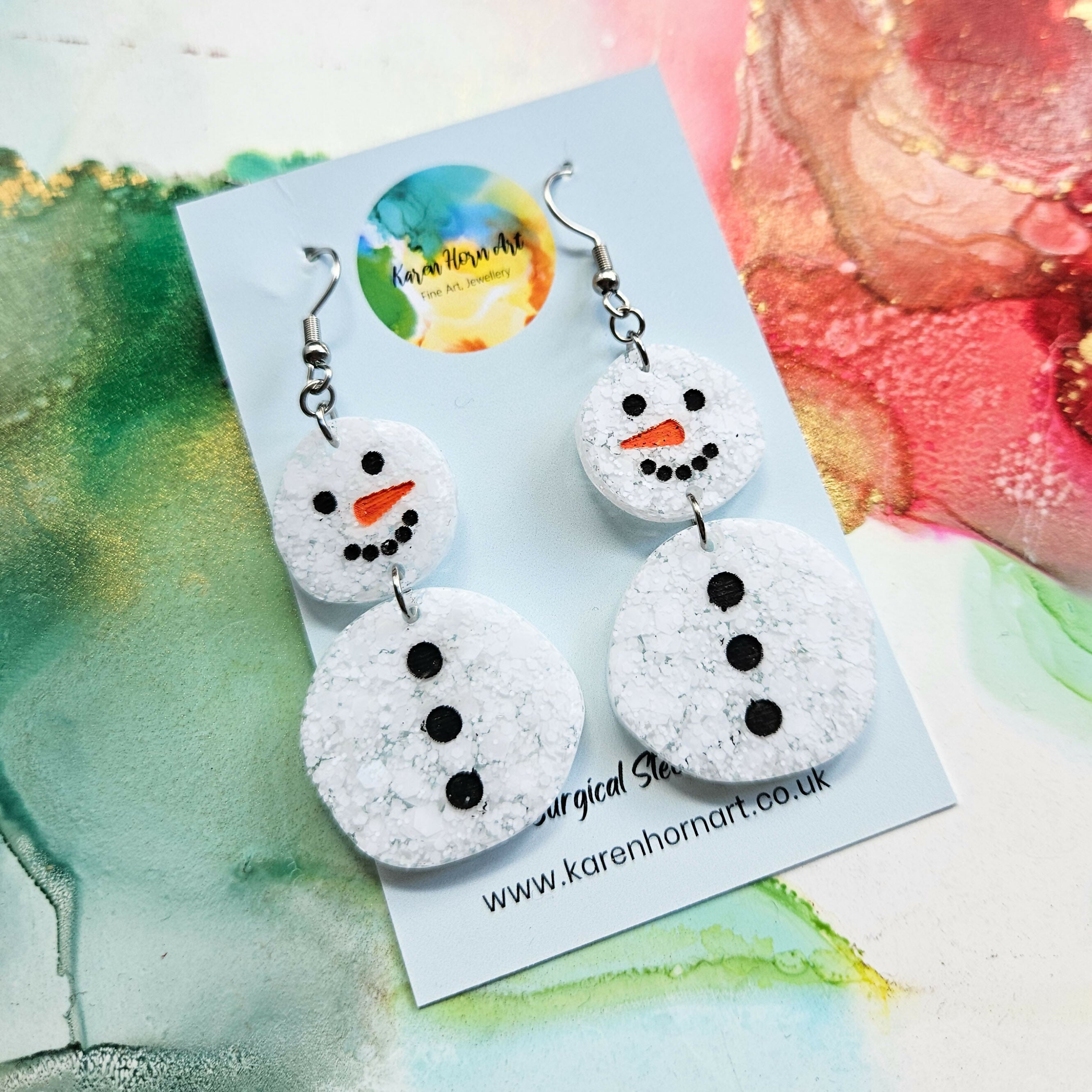 Handmade Resin Glitter Snowman Christmas Earrings