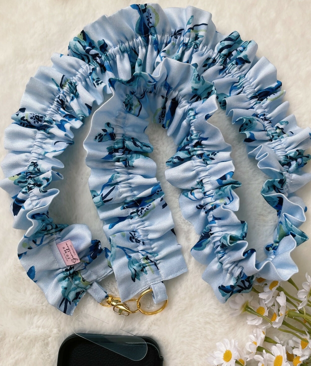 Handmade Ruffled Crossbody Phone Strap Light Blue with floral prints