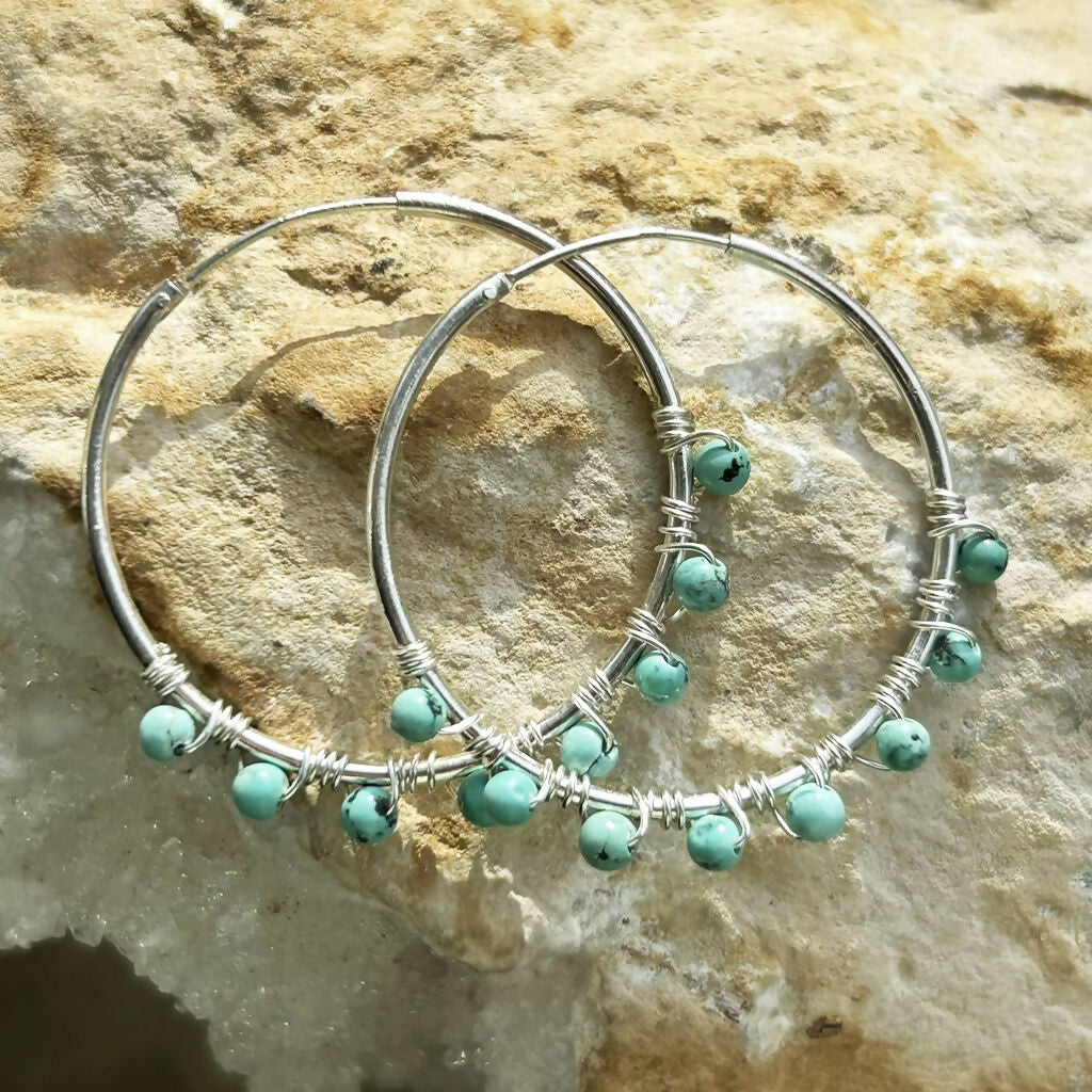 Handmade Sterling Silver Turquoise Beaded Hoop Earrings