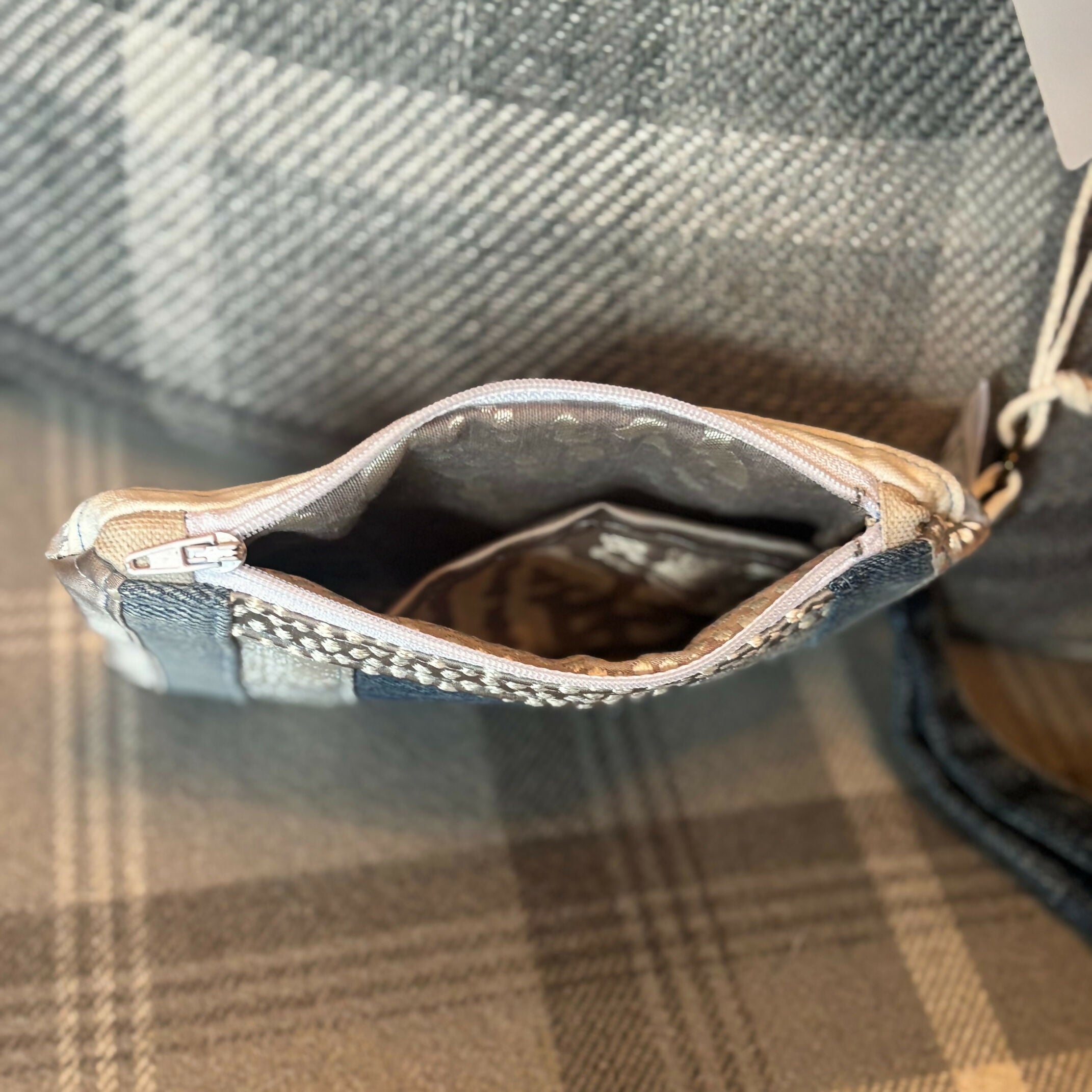 Unique Handcrafted Patchwork Purse Wristie Made From Upcycled Jeans And Dog Print Fabric