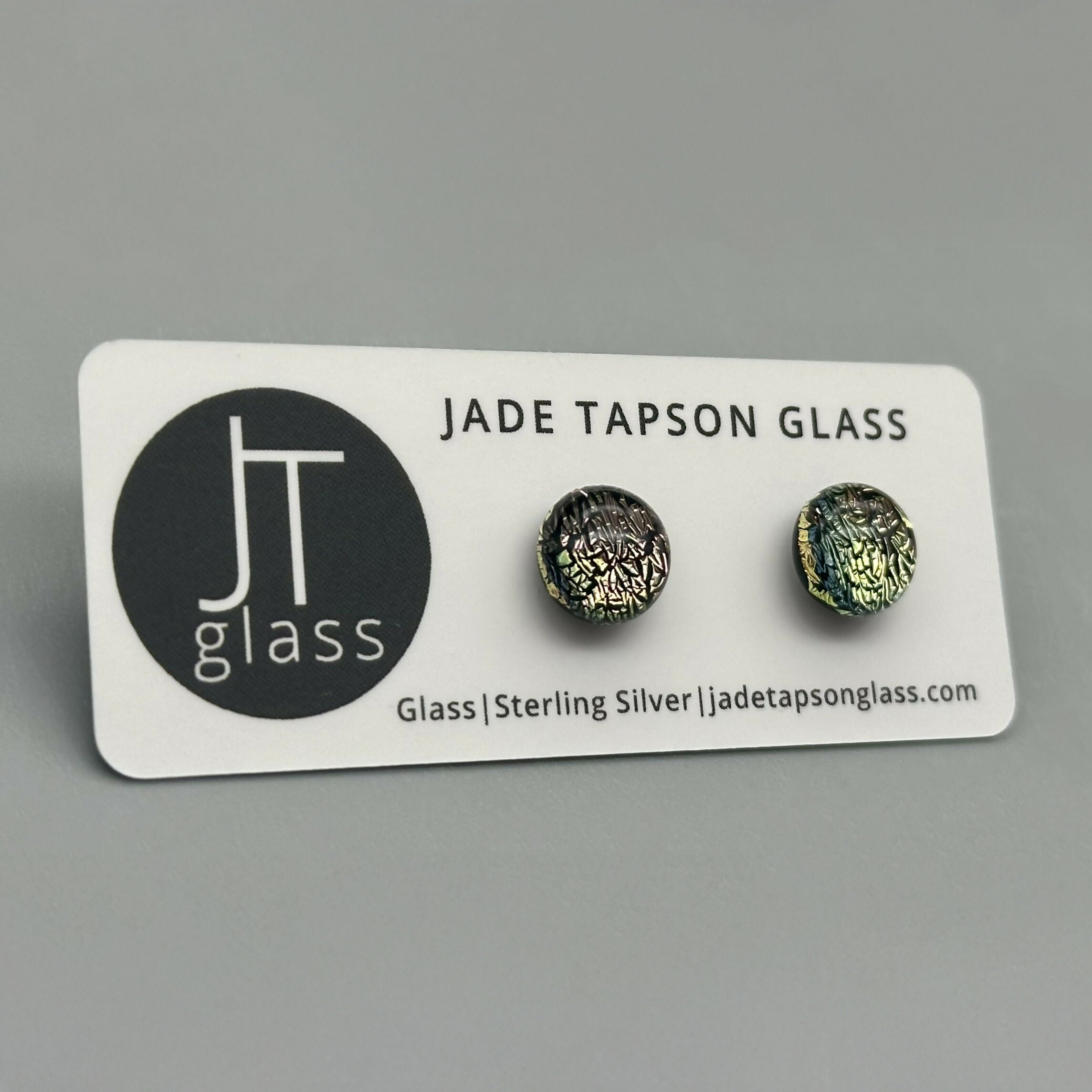 Pink & Yellow Dichroic Fused Glass Sterling Silver Stud Earrings - Handmade by Jade Tapson Glass.