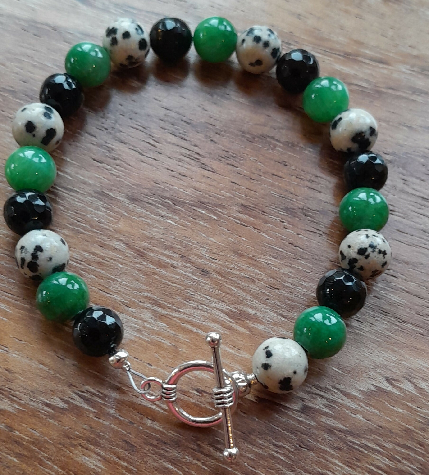 Gemstone Bracelet with Tibetan Silver Toggle Catch, Faceted Onyx, Pea Green Jade and Dalmatian Jasper.