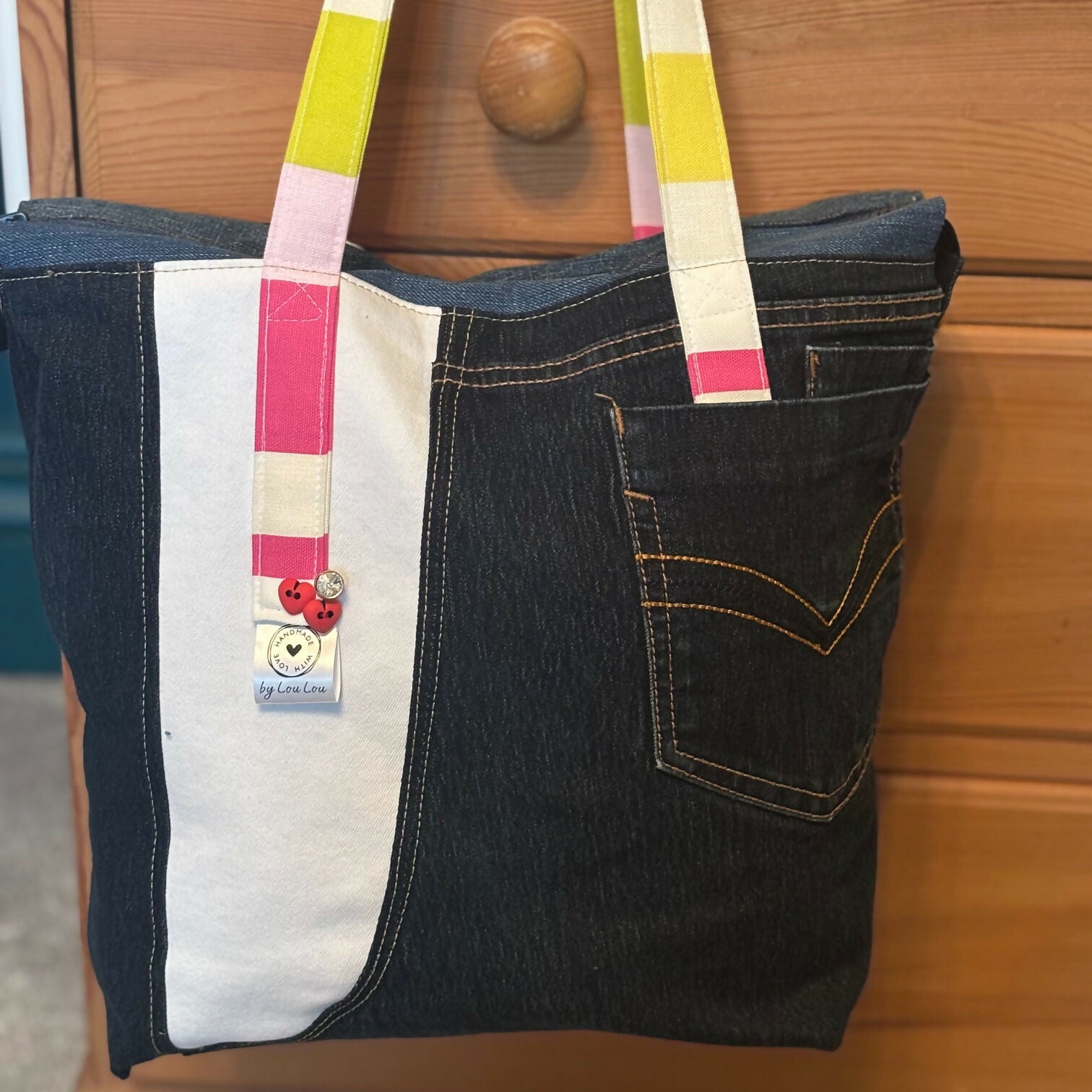 Unique Handcrafted Large Denim Tote Bag Handbag Made From Upcycled Blue And White Jeans