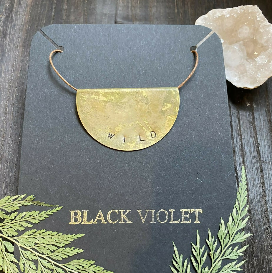 HAND-STAMPED WILD BRASS NECKLACE ON WAXED COTTON CORD