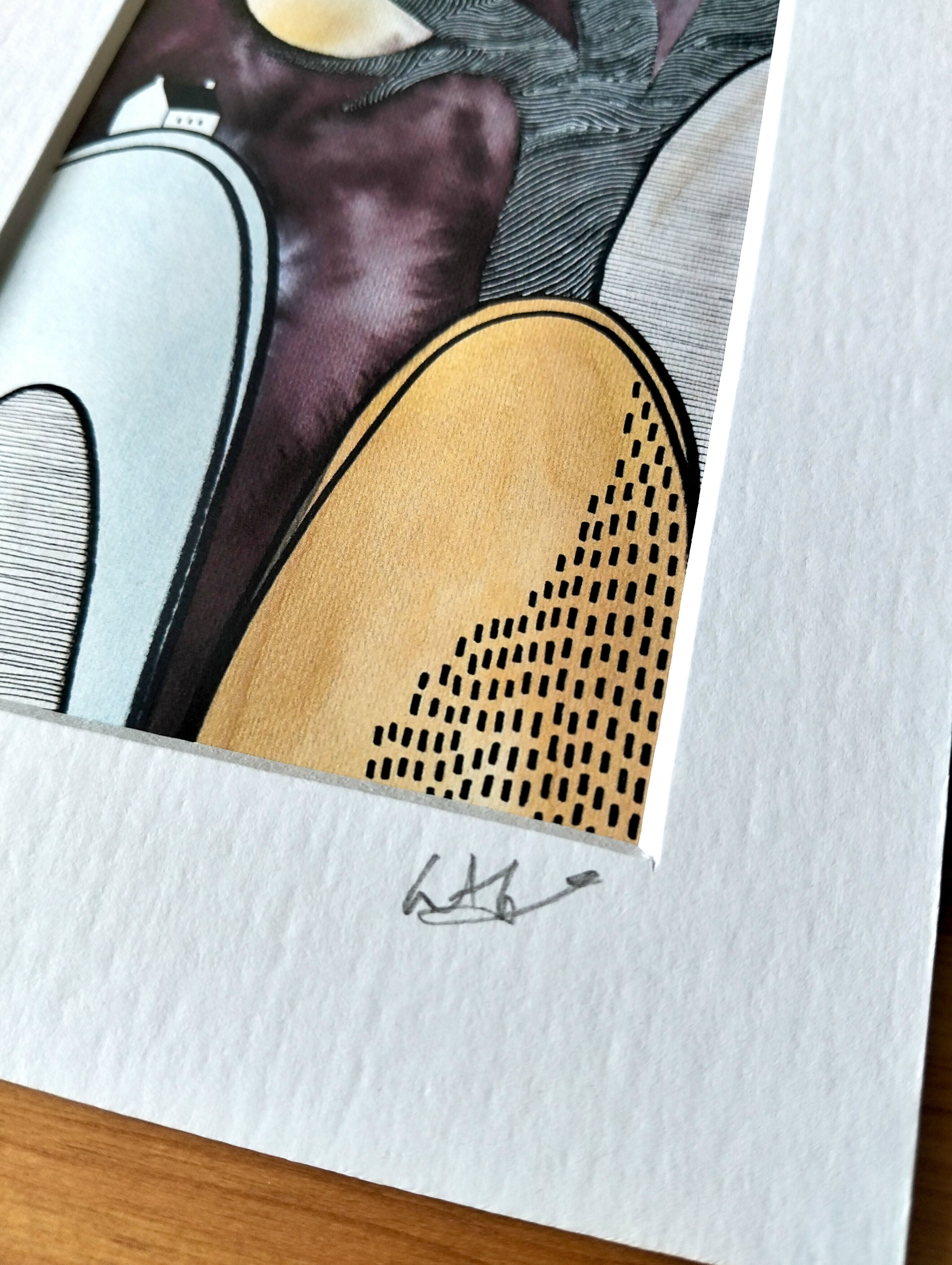 Signed Abstract Landscape Art Print | Tiny House, Full Moon