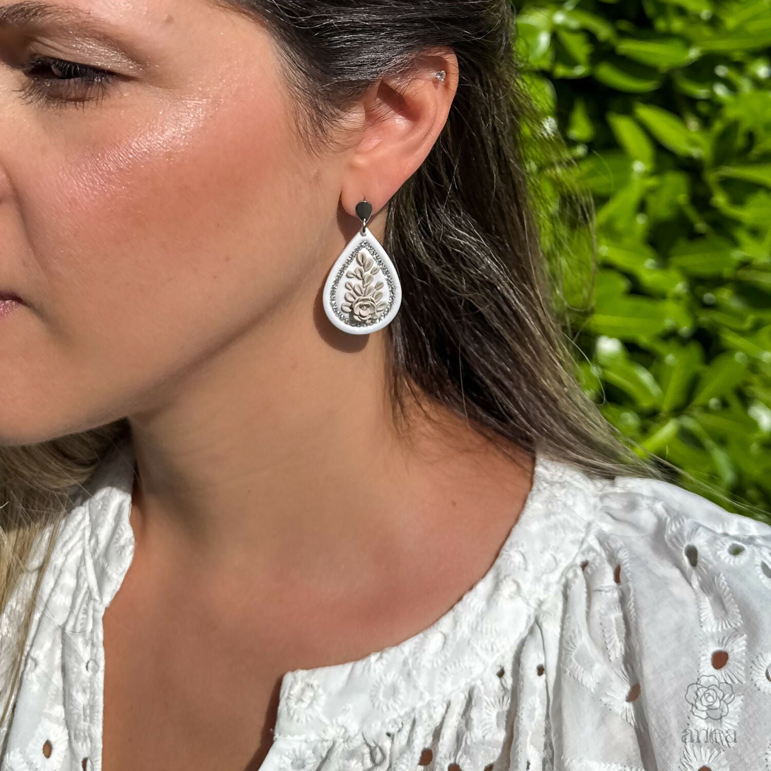 Floral Teardrop Earrings with Rhinestone Detail in Ivory