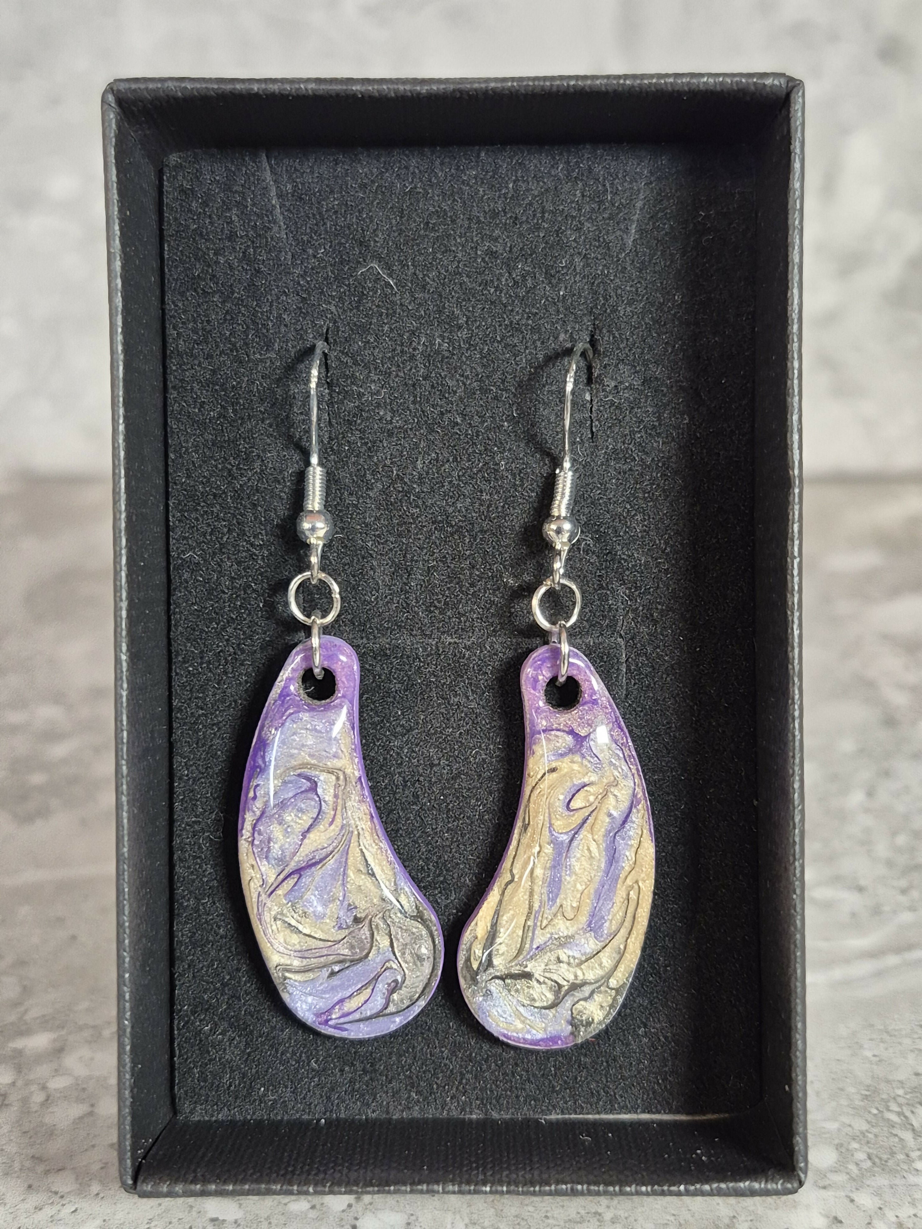 Handcrafted Teardrop Shaped Purple, Lilac, Cream And Black Earrings