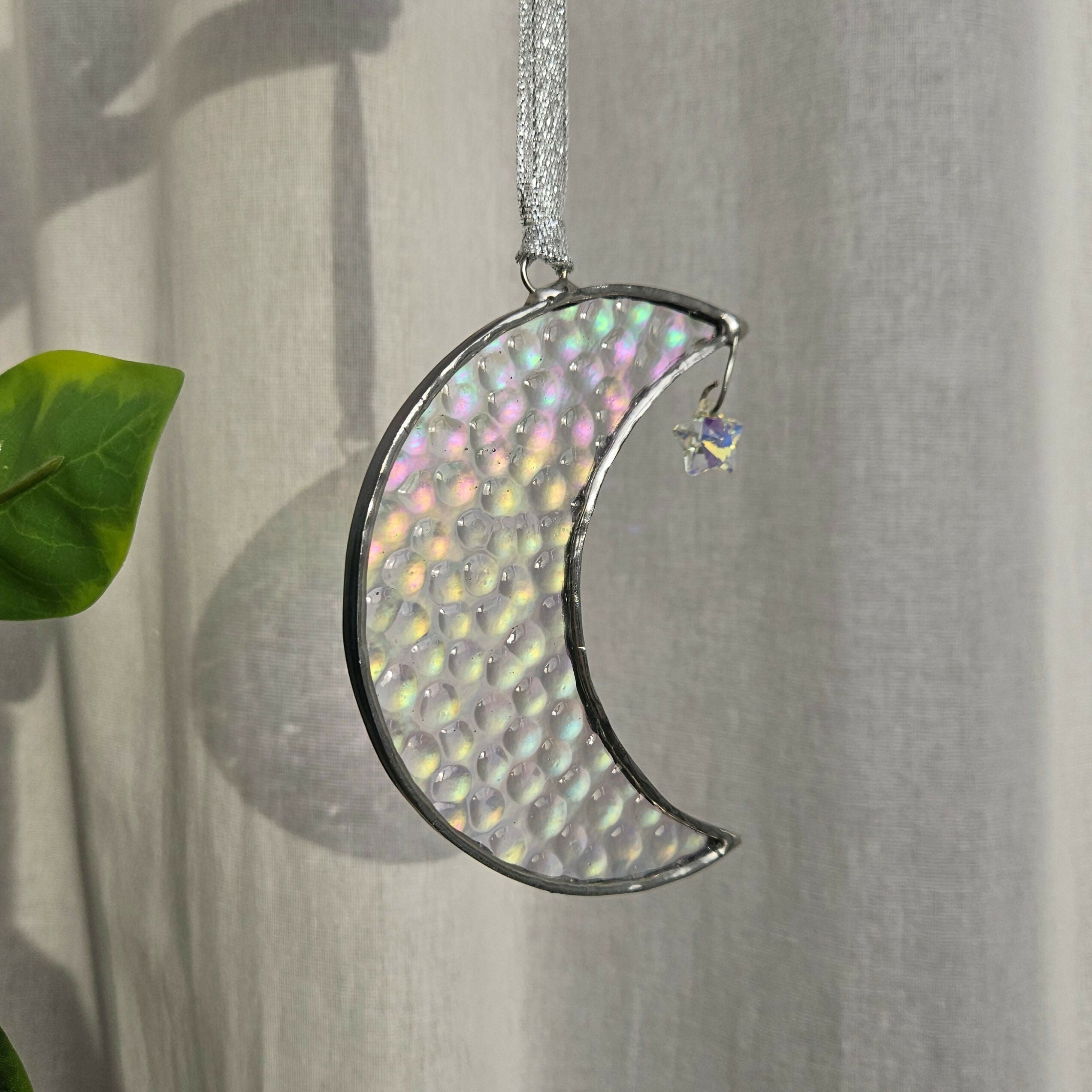 Iridescent Hammered Crescent Moon Stained Glass Suncatcher