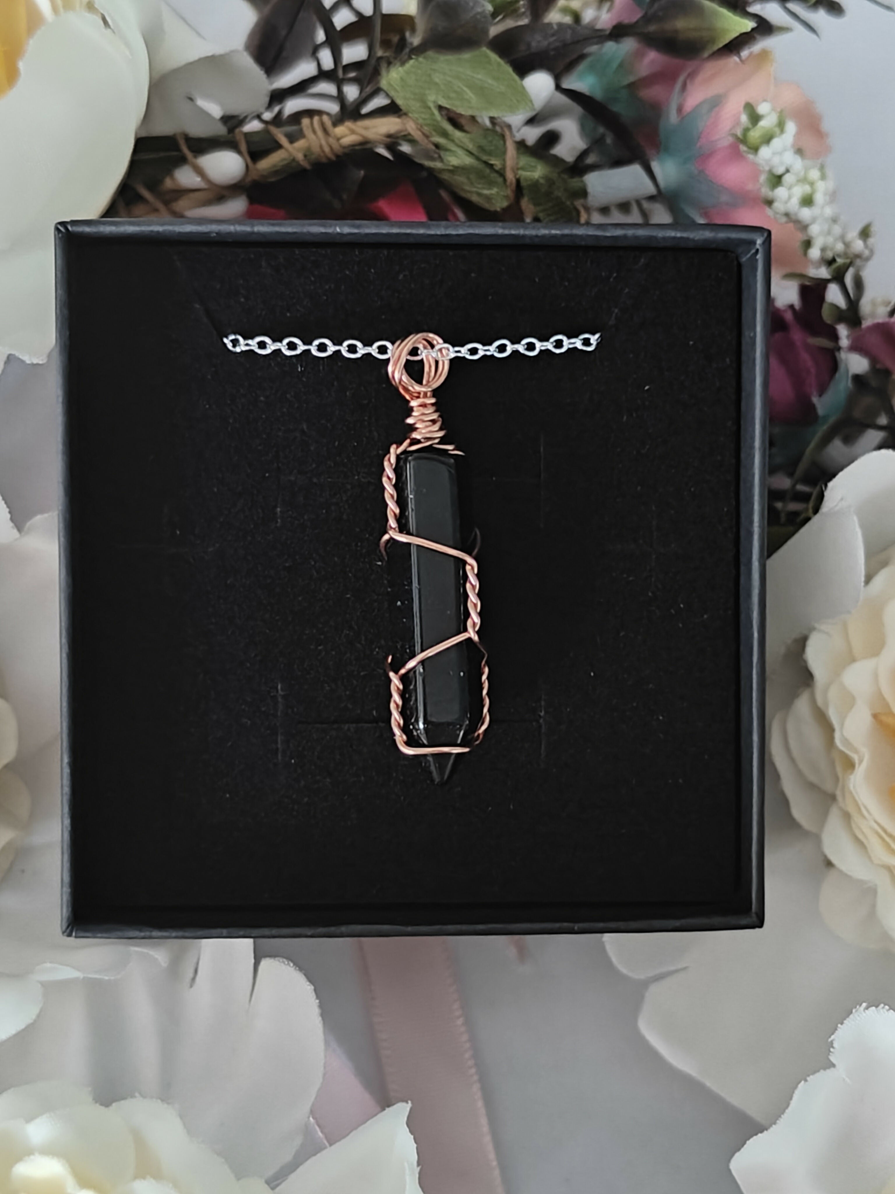 Black Agate Wire Wrapped Crystal Point Necklace on Sterling Silver Chain