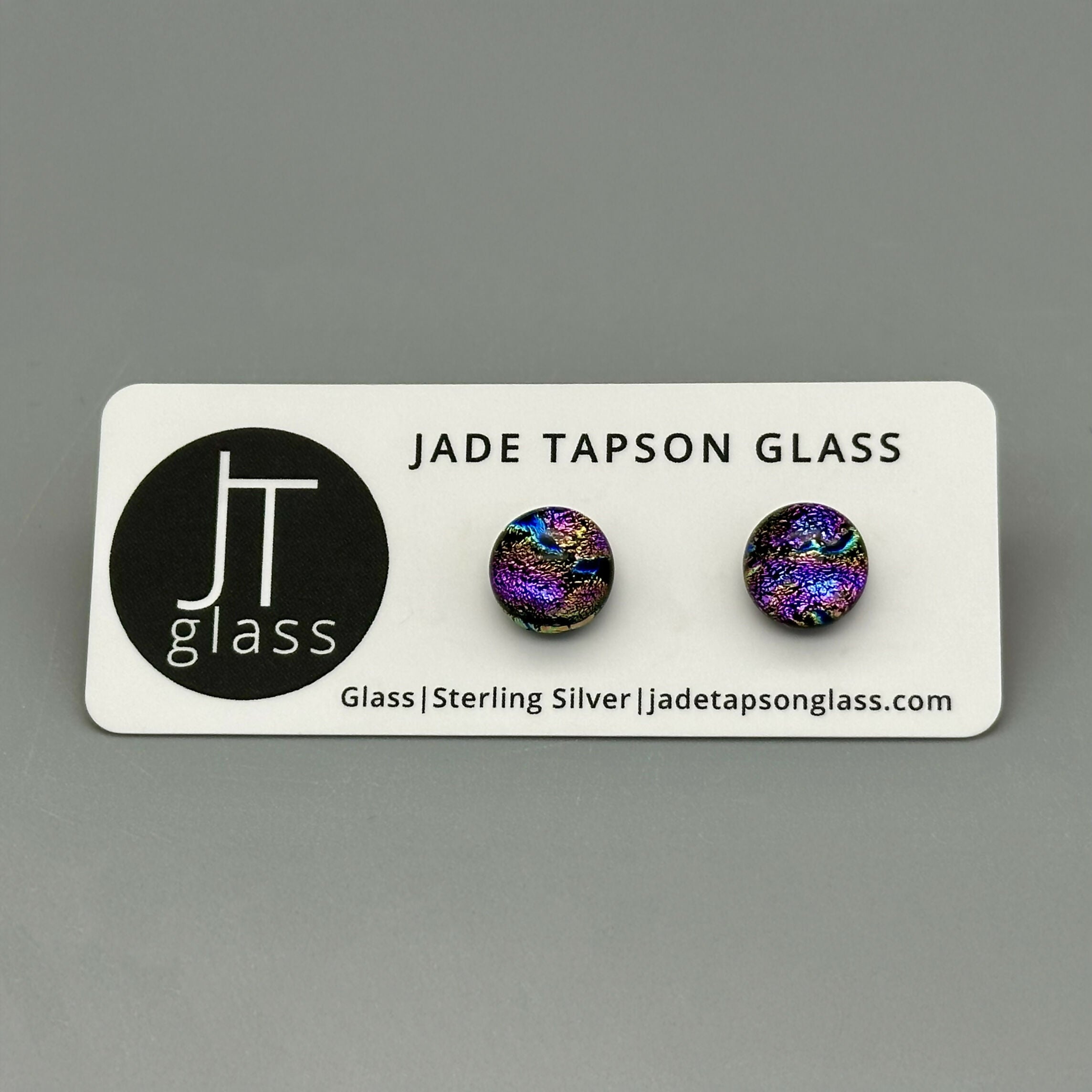 Rainbow Dichroic Fused Glass Sterling Silver Stud Earrings - Handmade by Jade Tapson Glass.