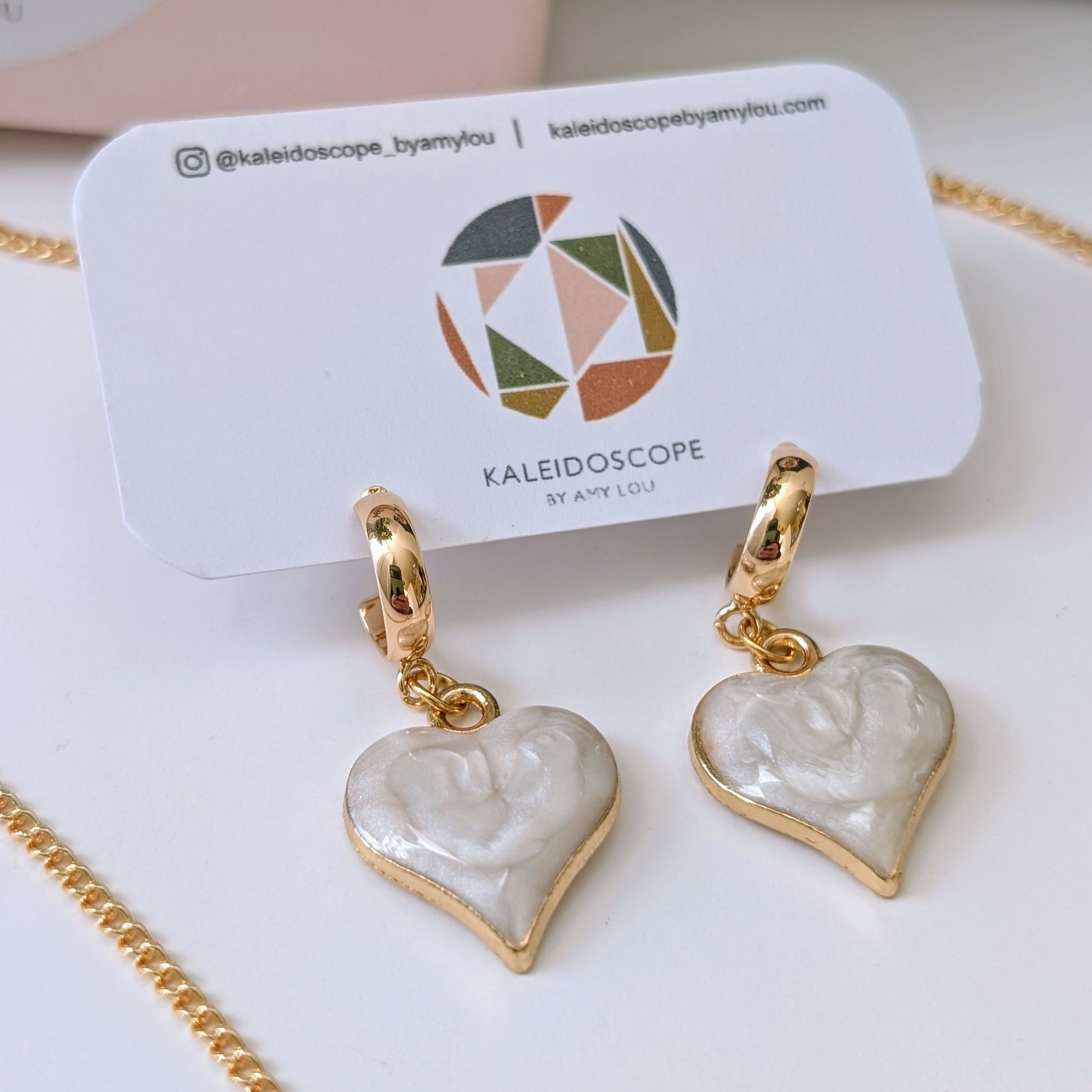 Cream Marbled Enamel Gold Heart Earrings on a Gold Plated Half Loop Huggie Stud