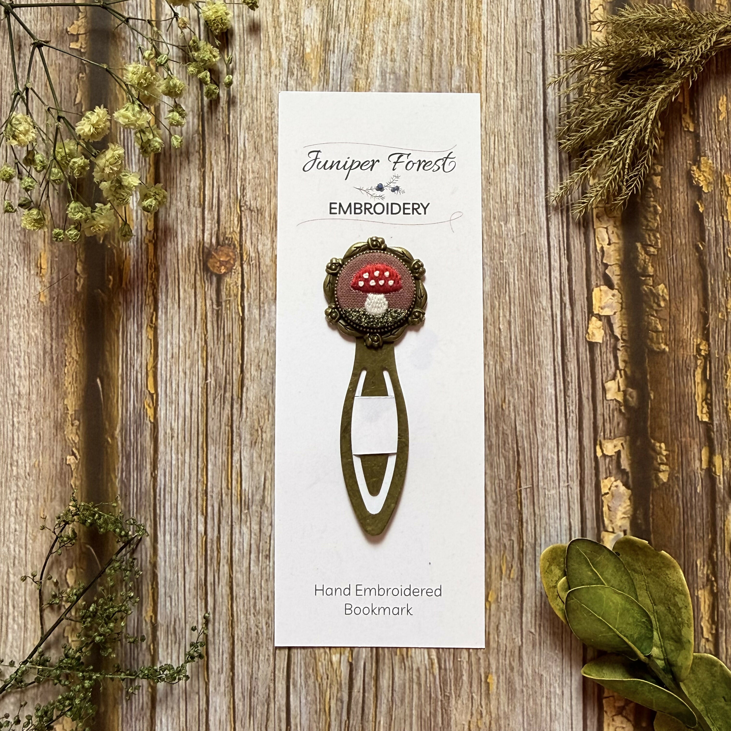 Bronze Hand Embroidered Vintage Style Mushroom Bookmark