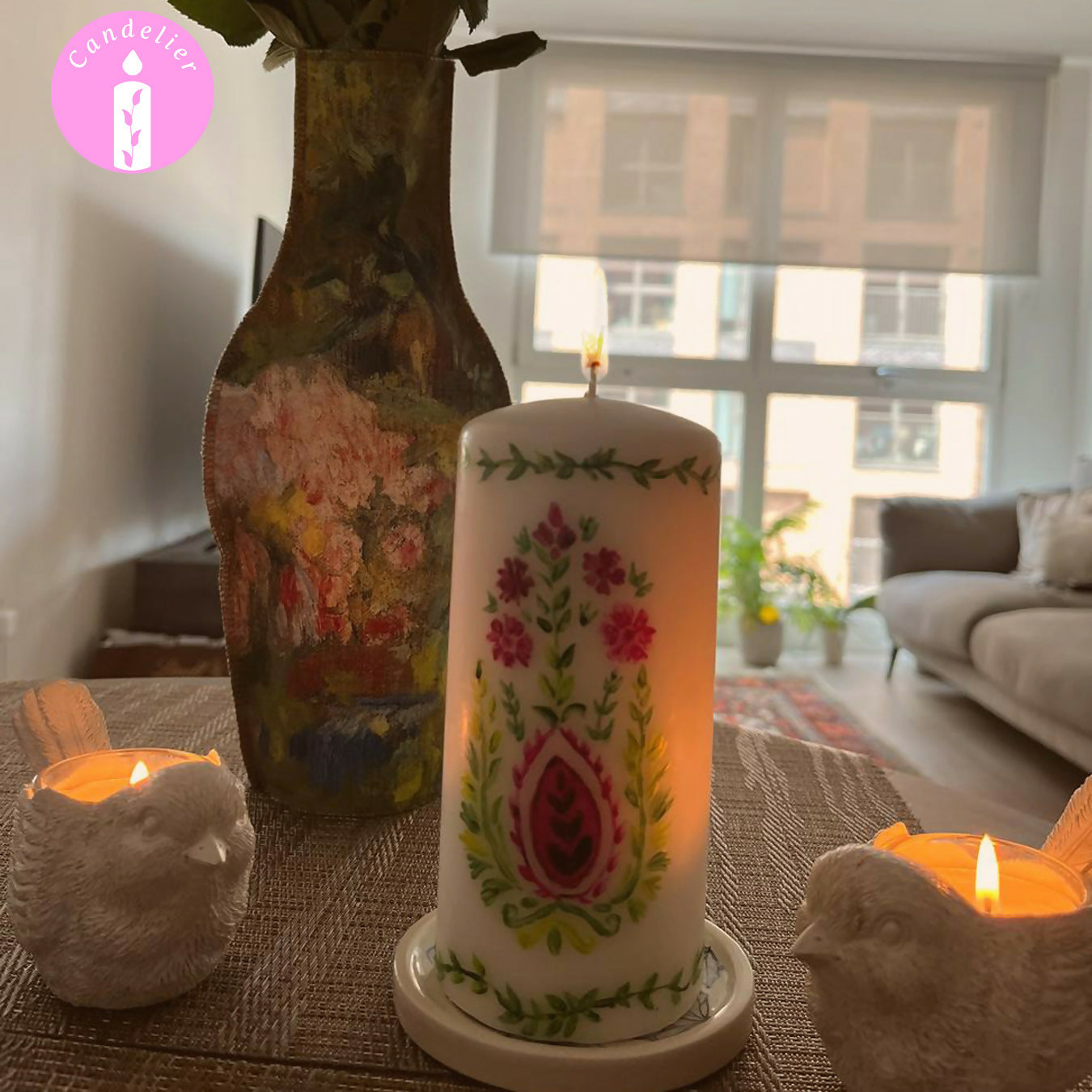 White Candle with Floral Design