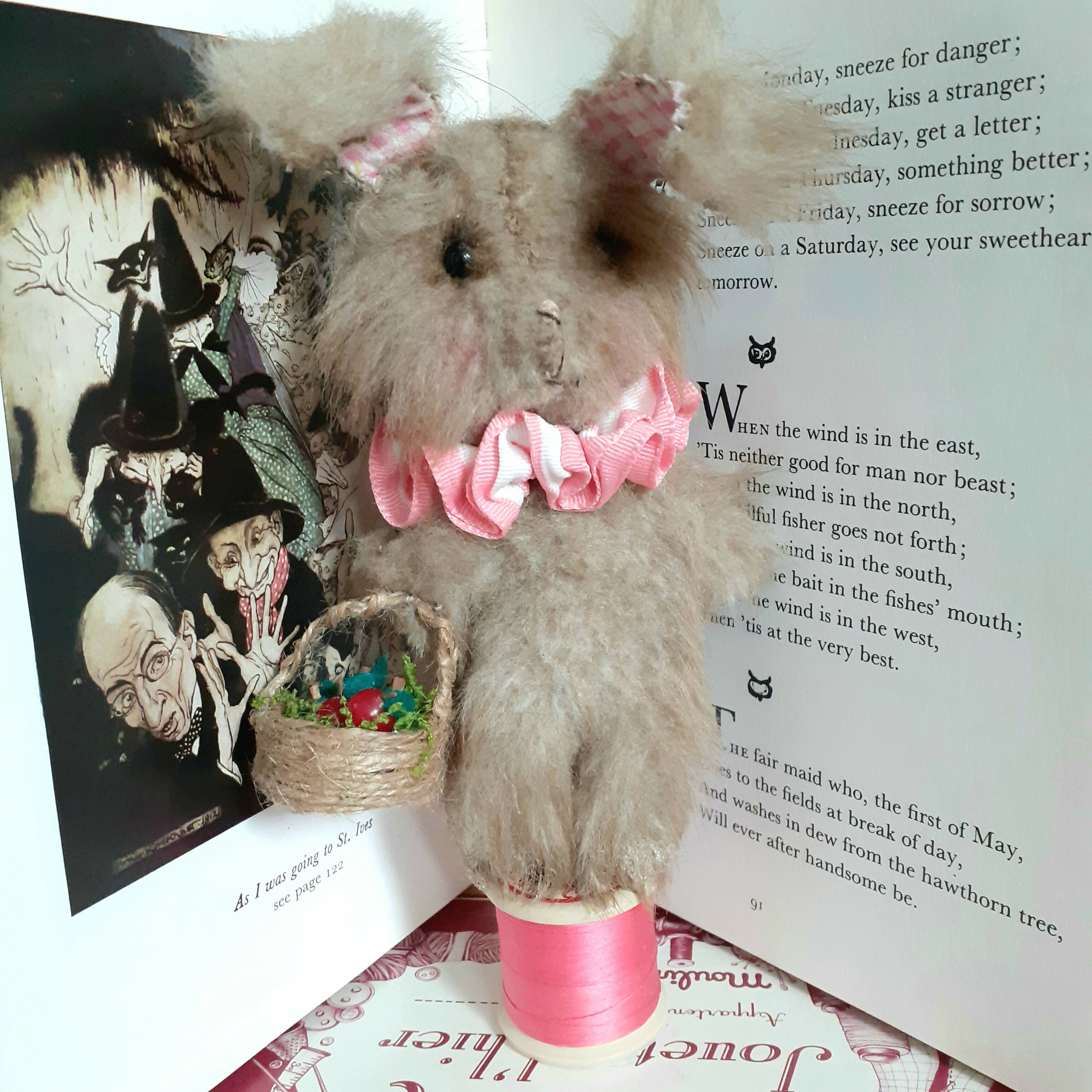 Bunny with Basket on Vintage Cotton Reel Ornament