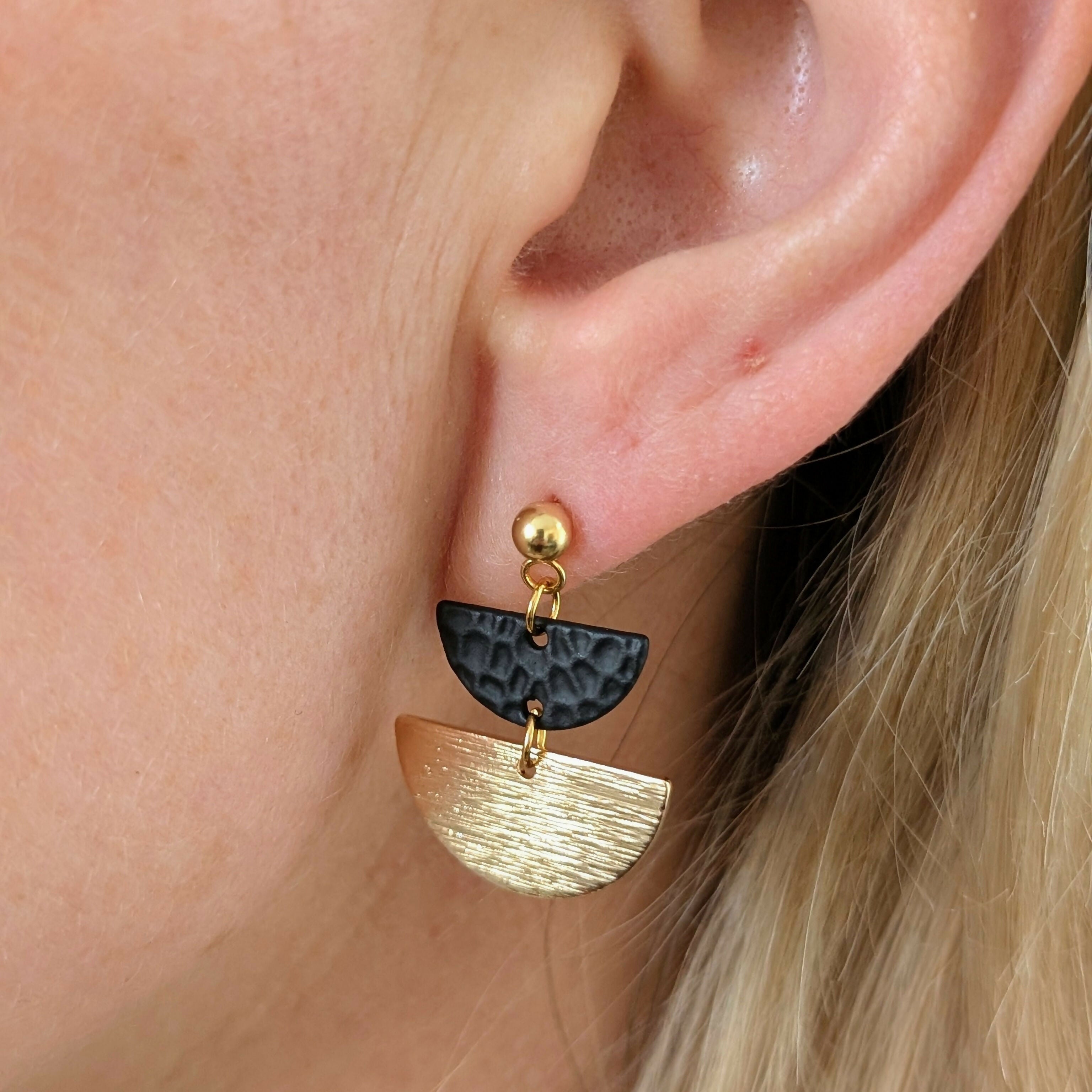 Geometric Black and Gold Half Moon Earrings on Gold Plated Ball Stud