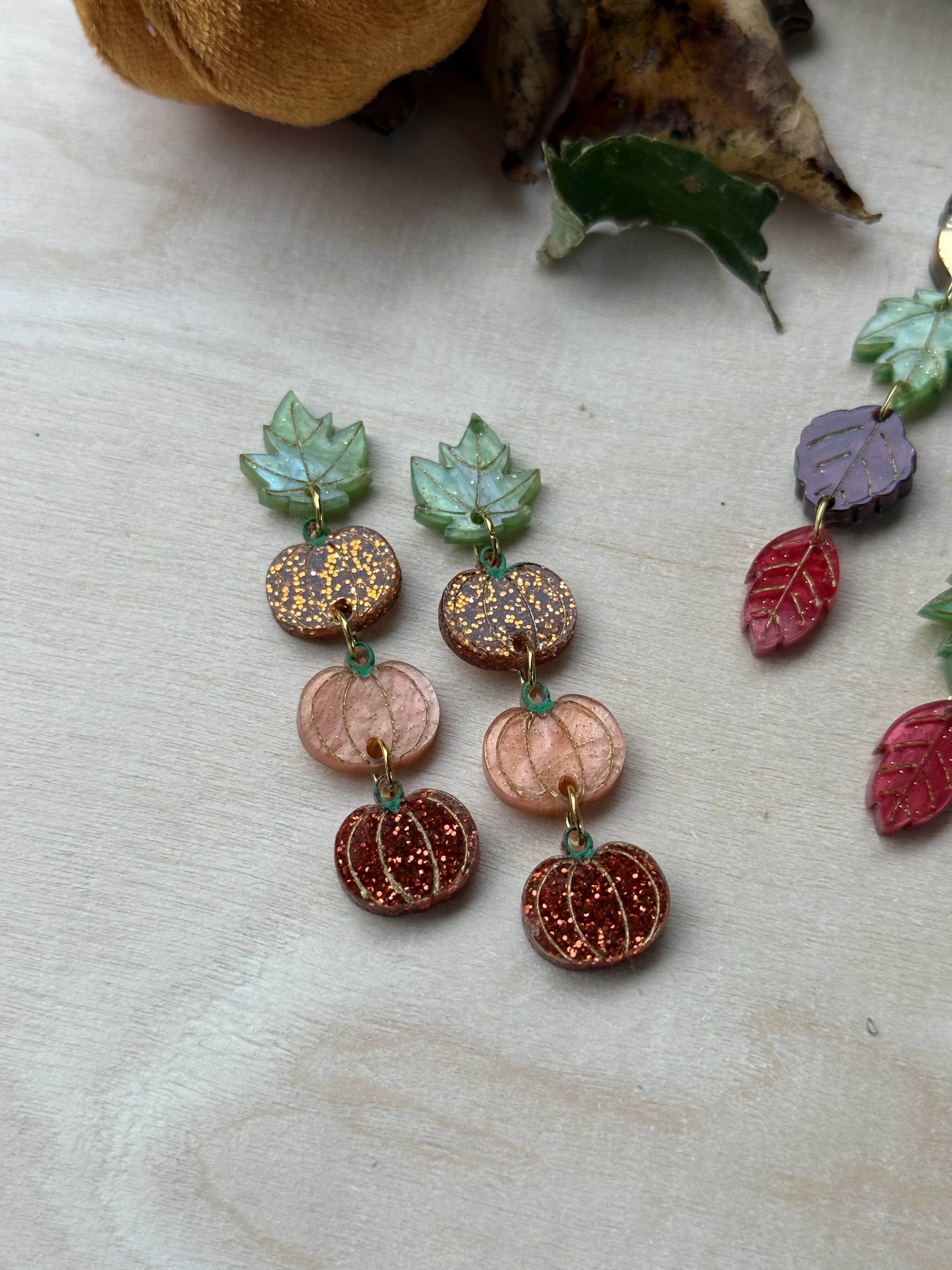 Dangly pumpkin earrings with leaf stud