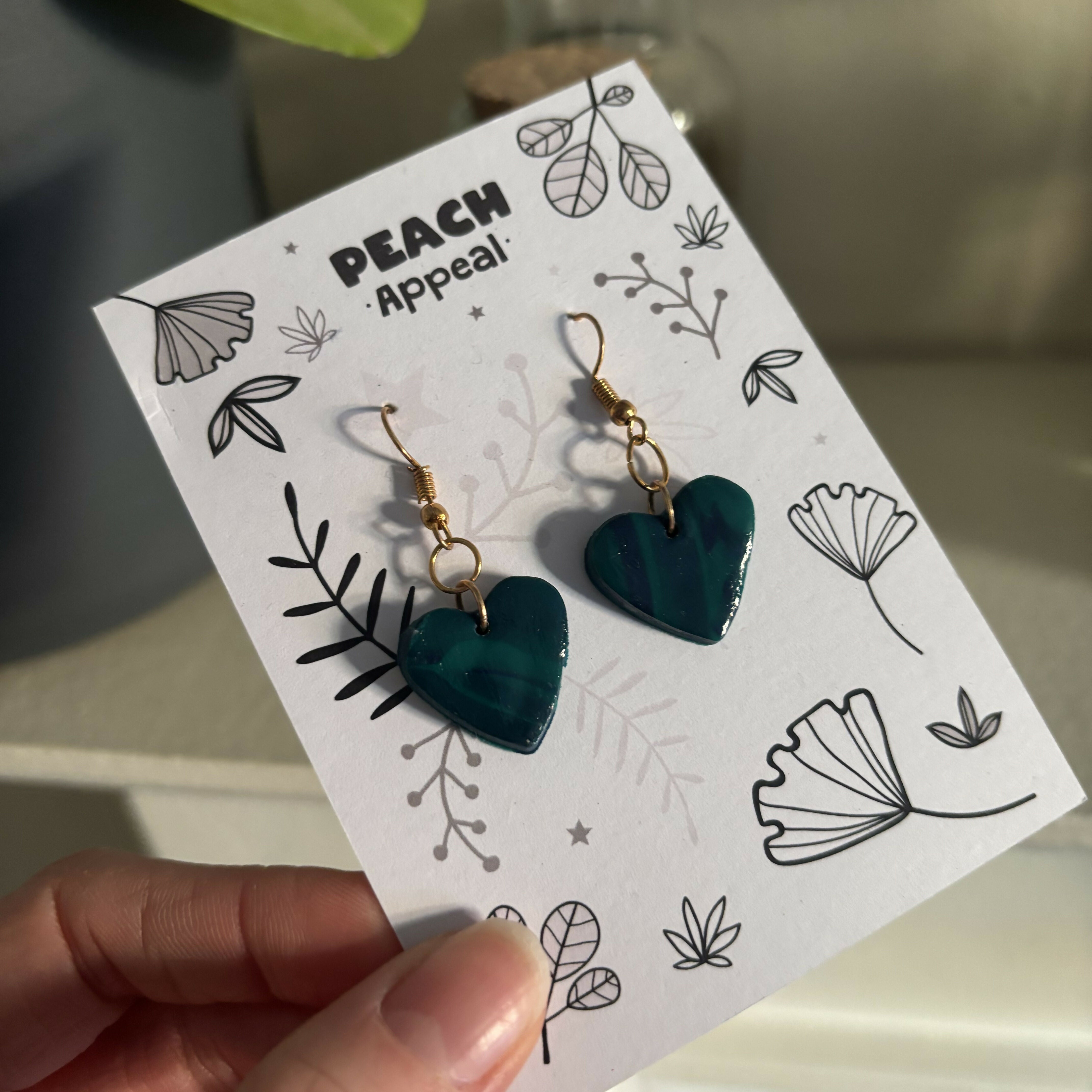 Recycled Polymer Clay Earrings - Green Heart Patterned