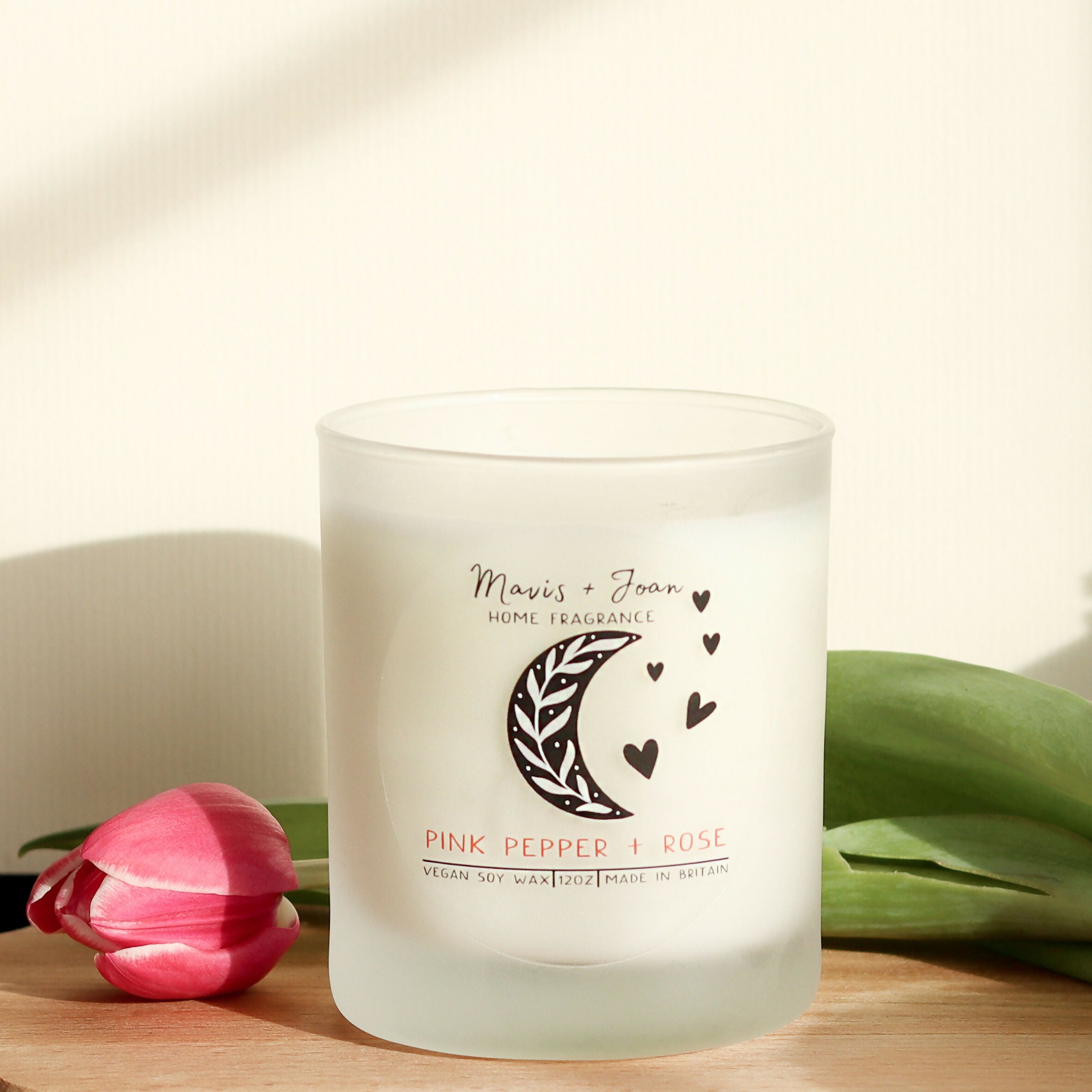 Pink Pepper + Rose Soy Wax Candle In A Frosted Glass Jar