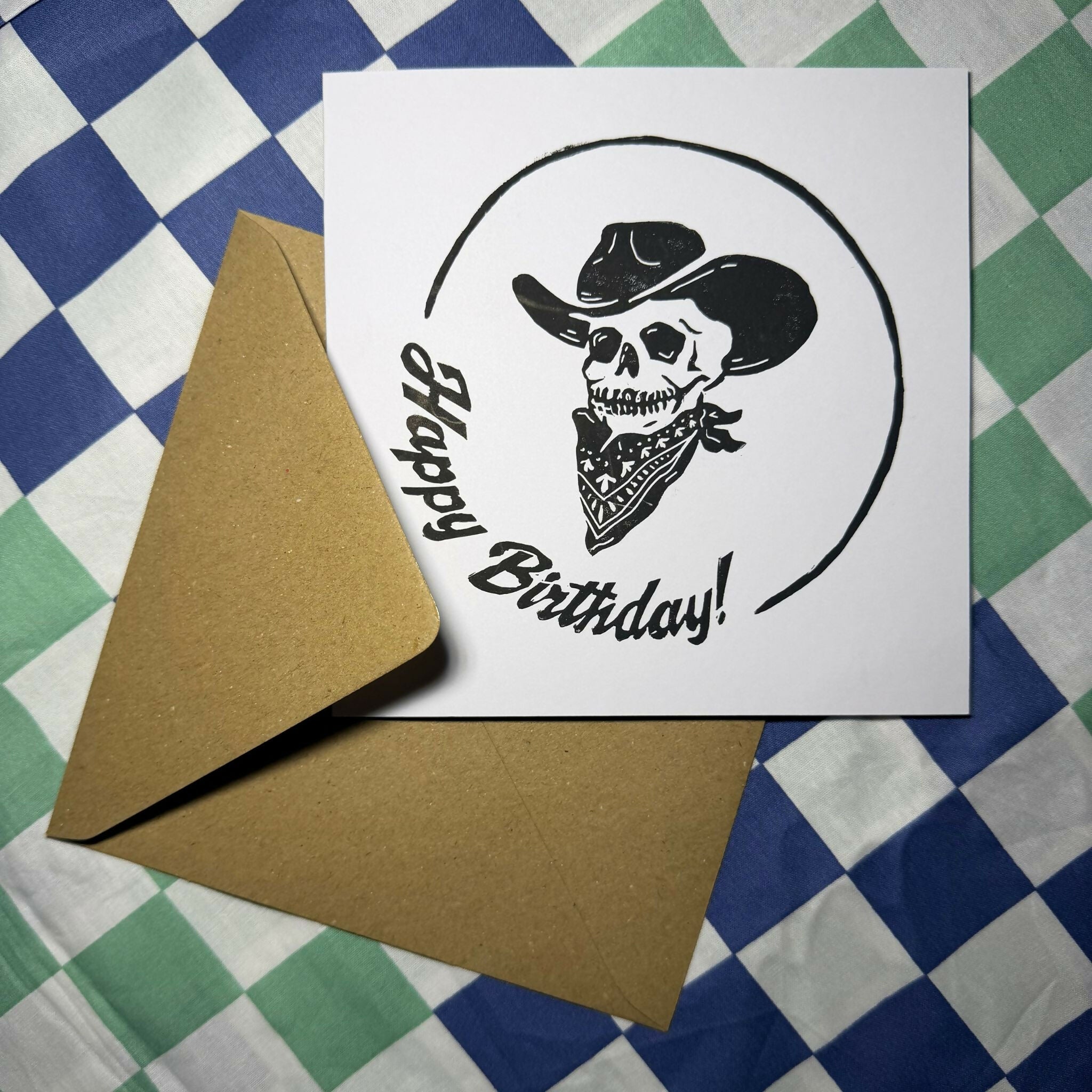 Lino Print Birthday Card - Cowboy Skeleton