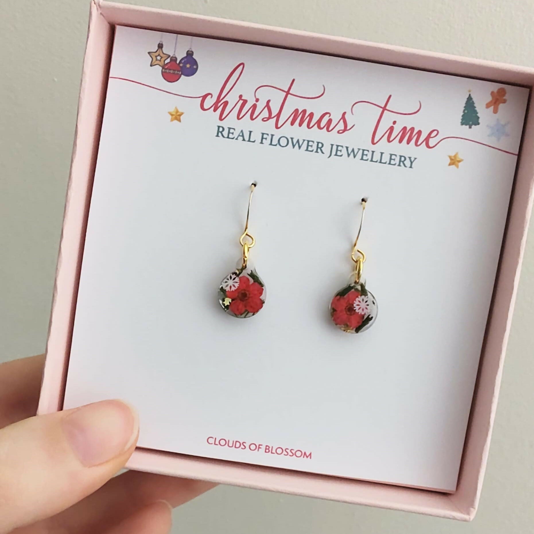 Real Christmas Tree Leaves Red Flower and Snowflake Earrings Gold Plated