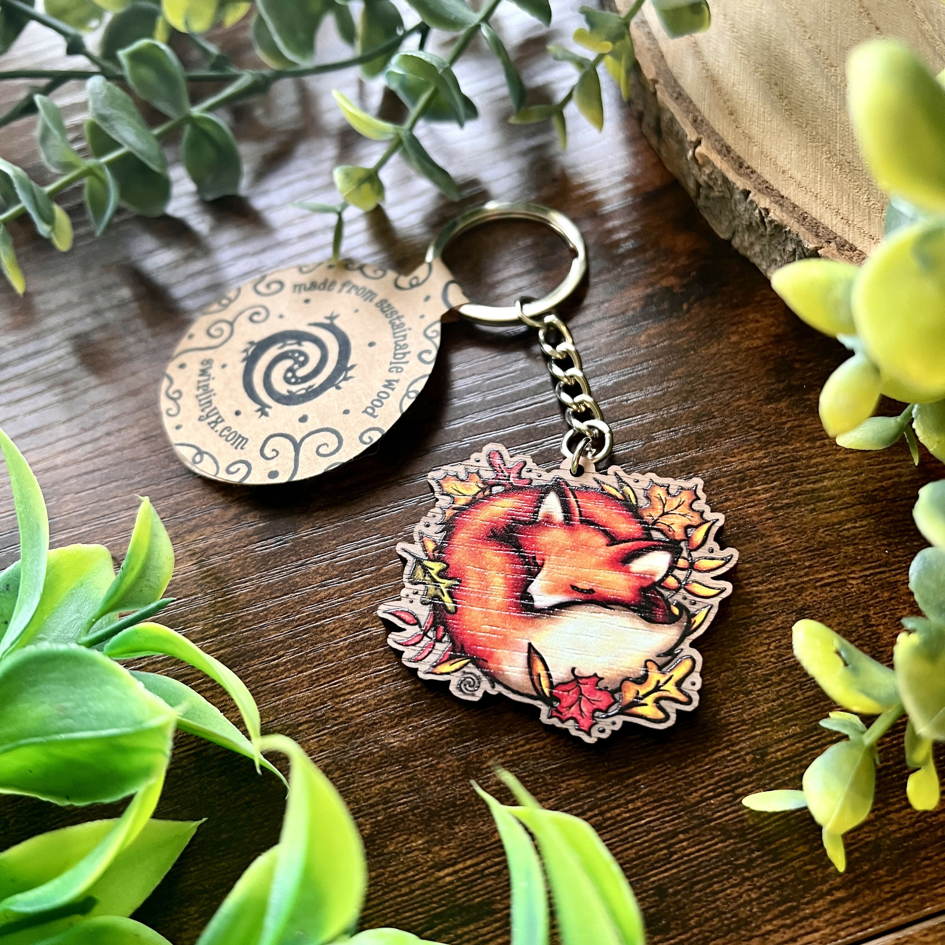 Sleeping Fox Wooden Keyring