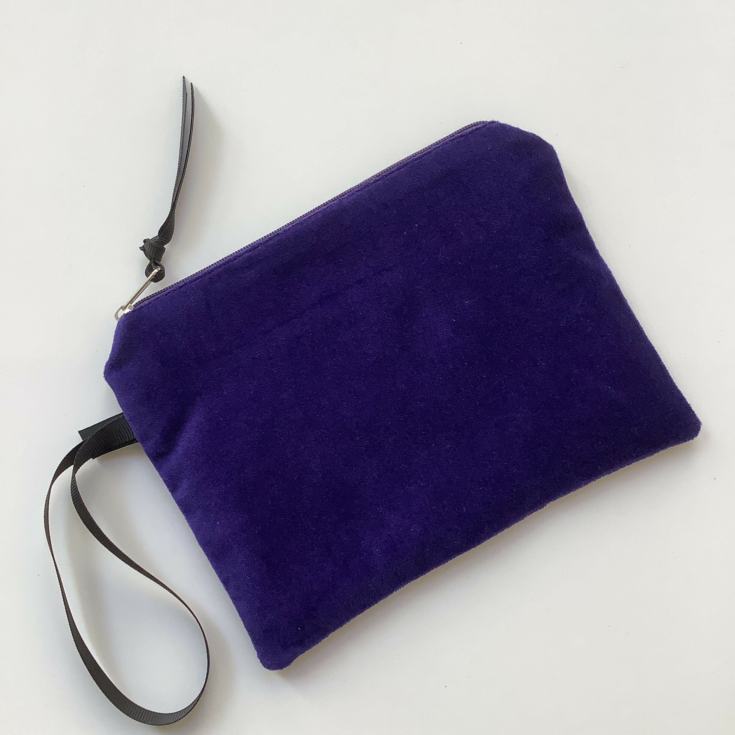 Purple Sun and Moon Velvet Zip-Up Pouch with Wrist Strap