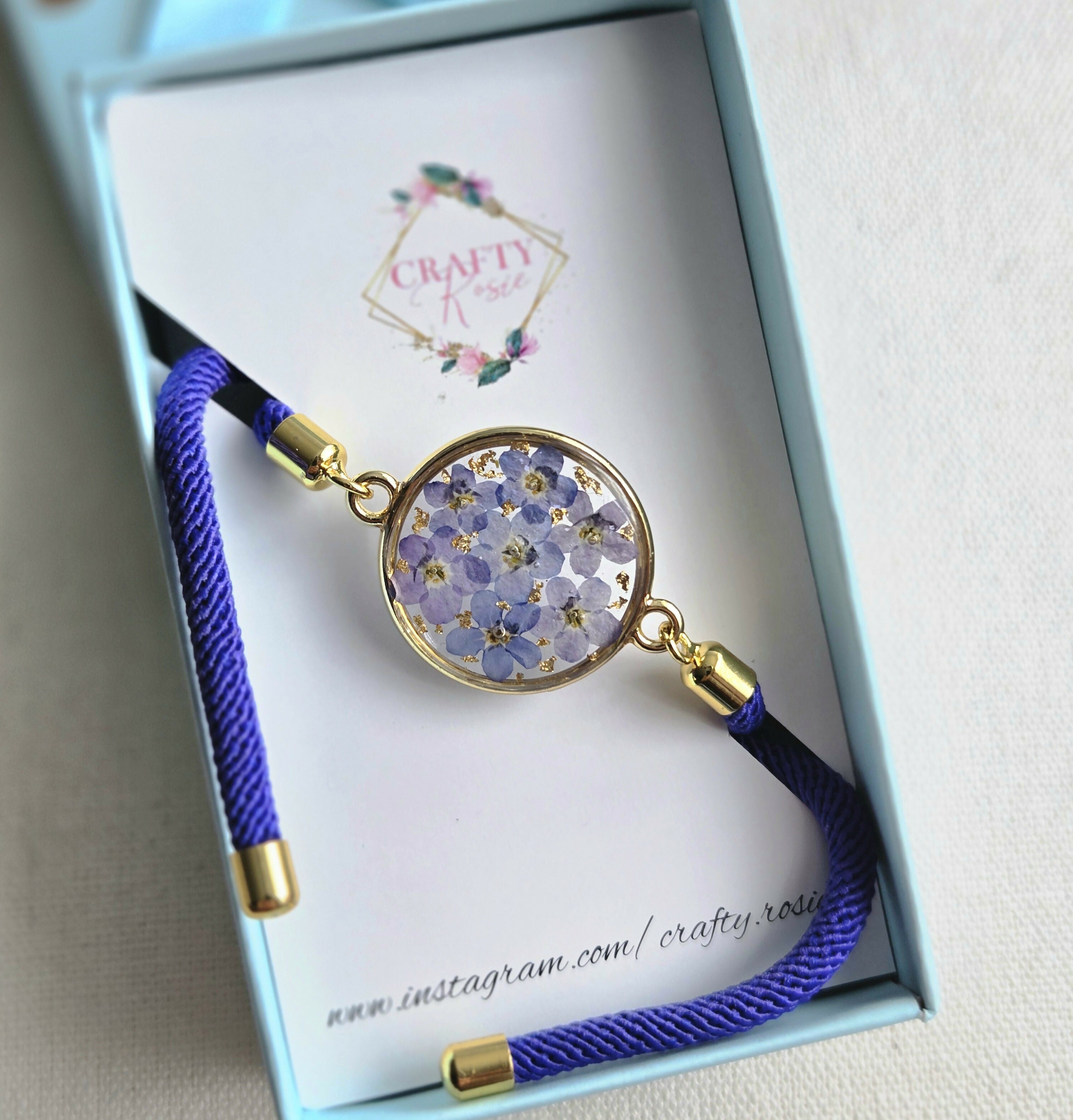 Real Dried Forget Me Not Flowers Cord Bracelet
