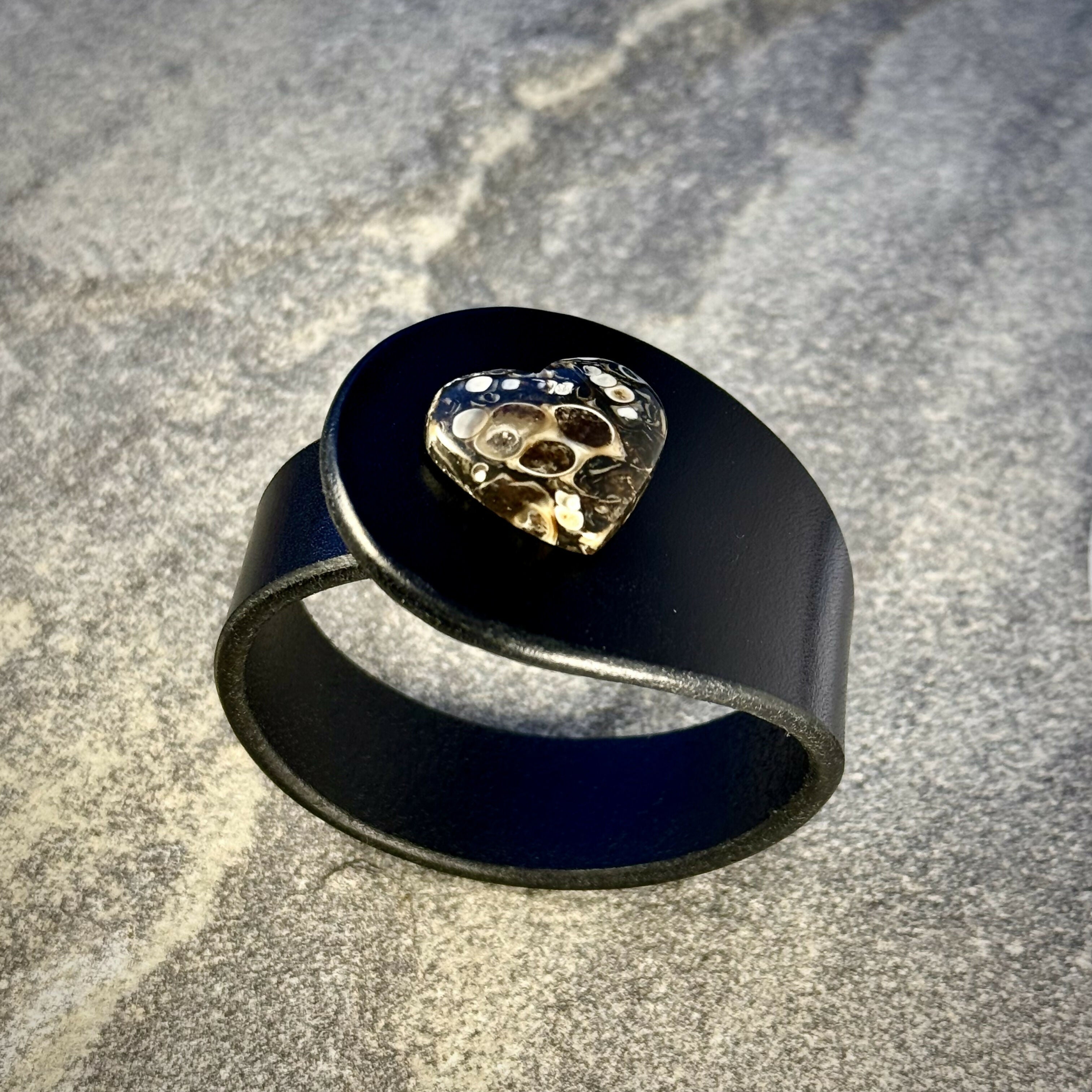 Handcrafted Natural Leather & Heart-Shaped Turritella Fossil Gemstone Bracelet - Size S or M