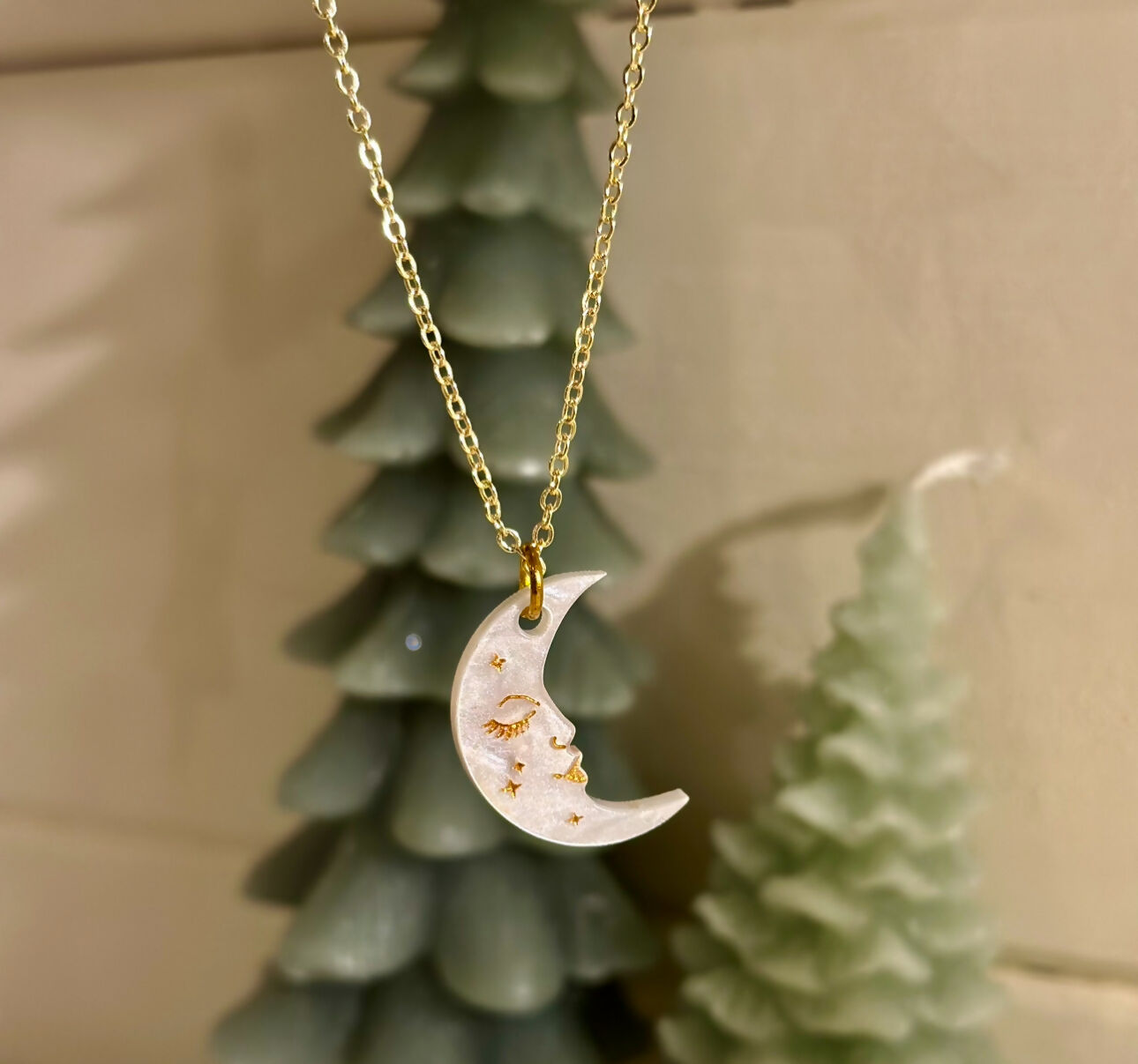 Celestial, Pearlised Crescent Moon Face Necklace