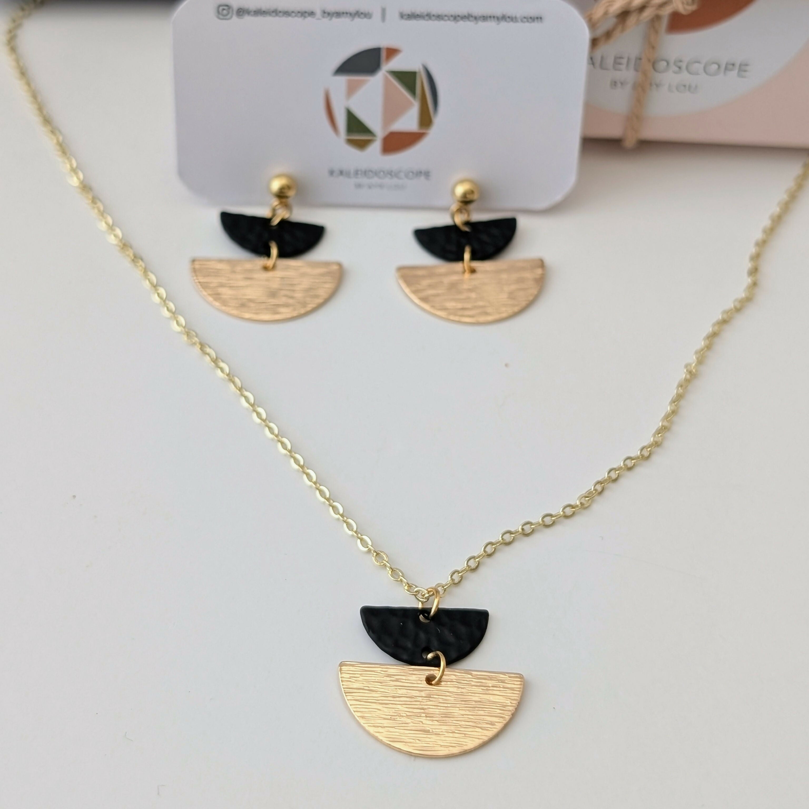 Geometric Necklace with Matte Black Charm and Gold Half Moon on Fine Gold Plated Chain