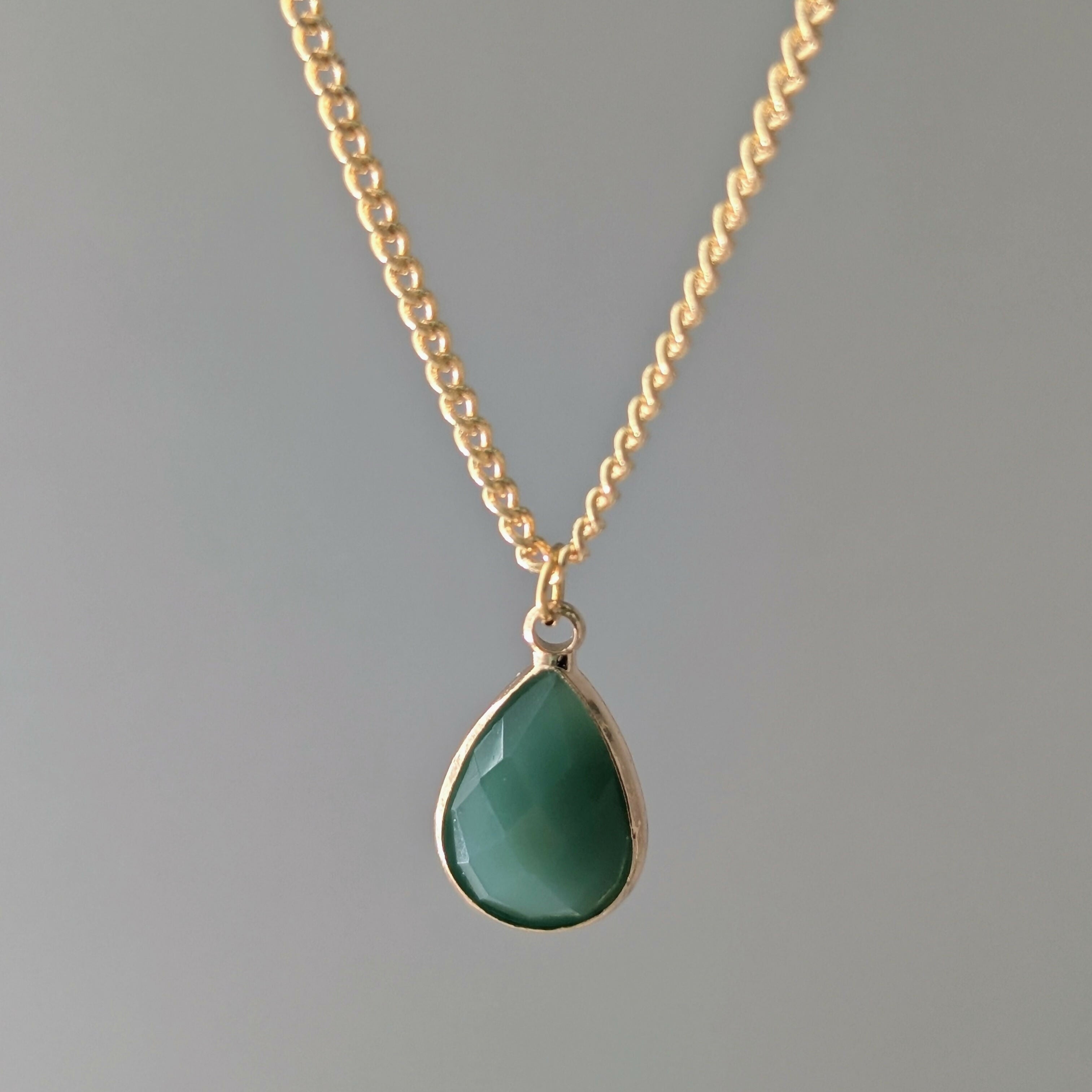 Green Jade Faceted Teardop Charm Necklace on a Gold Plated Chain