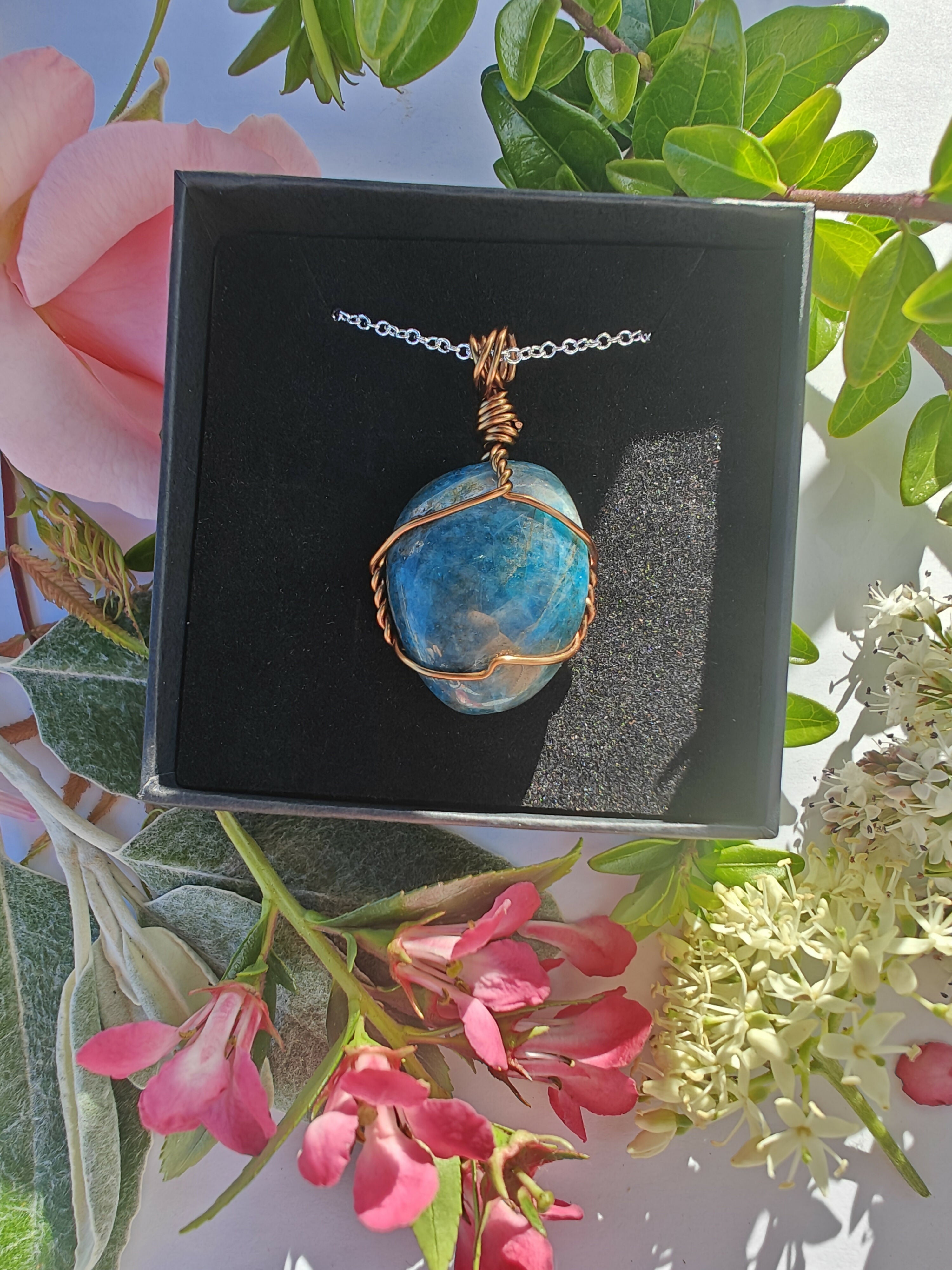 Blue Apatite Wire Wrapped Crystal Necklace on Sterling Silver Chain