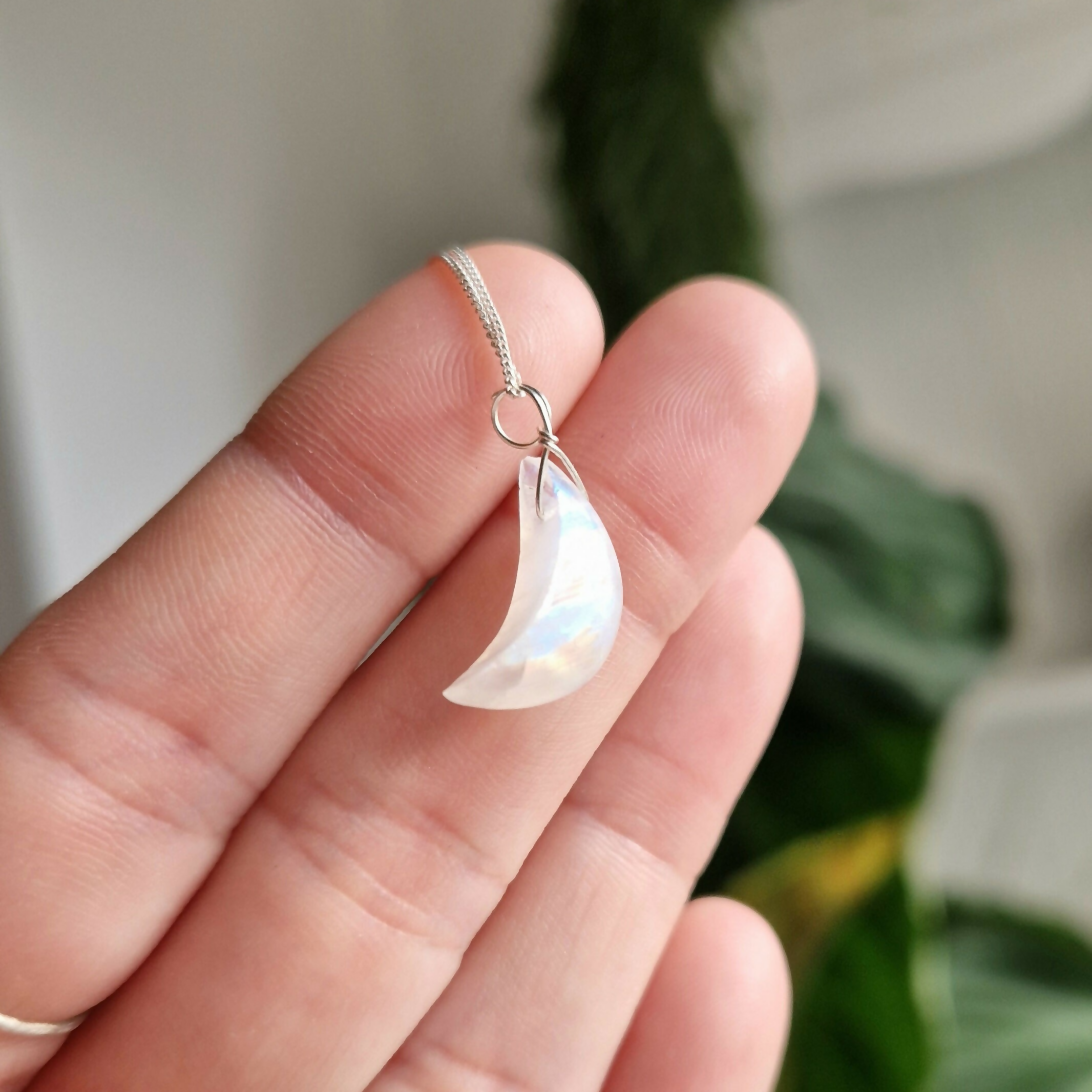 Moonstone Crescent Moon Pendant with Sterling Silver Chain
