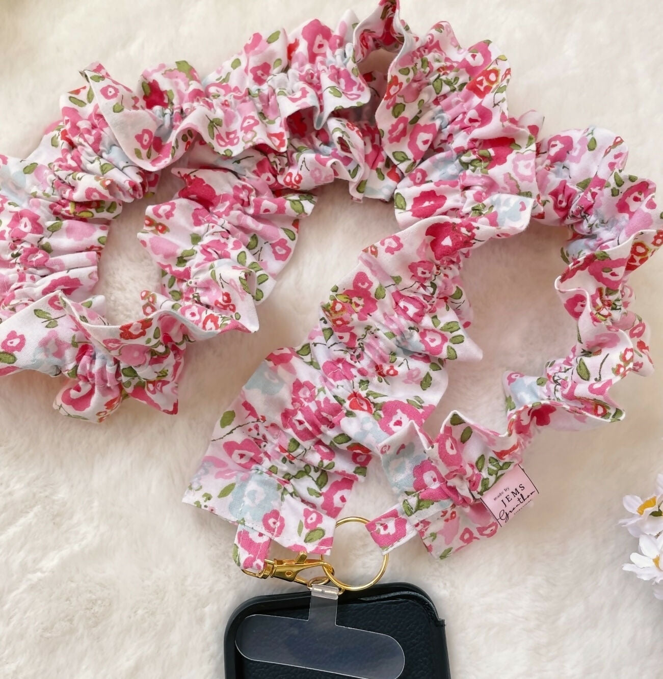 Handmade Ruffled Crossbody Phone Holder Pink Ditsy
