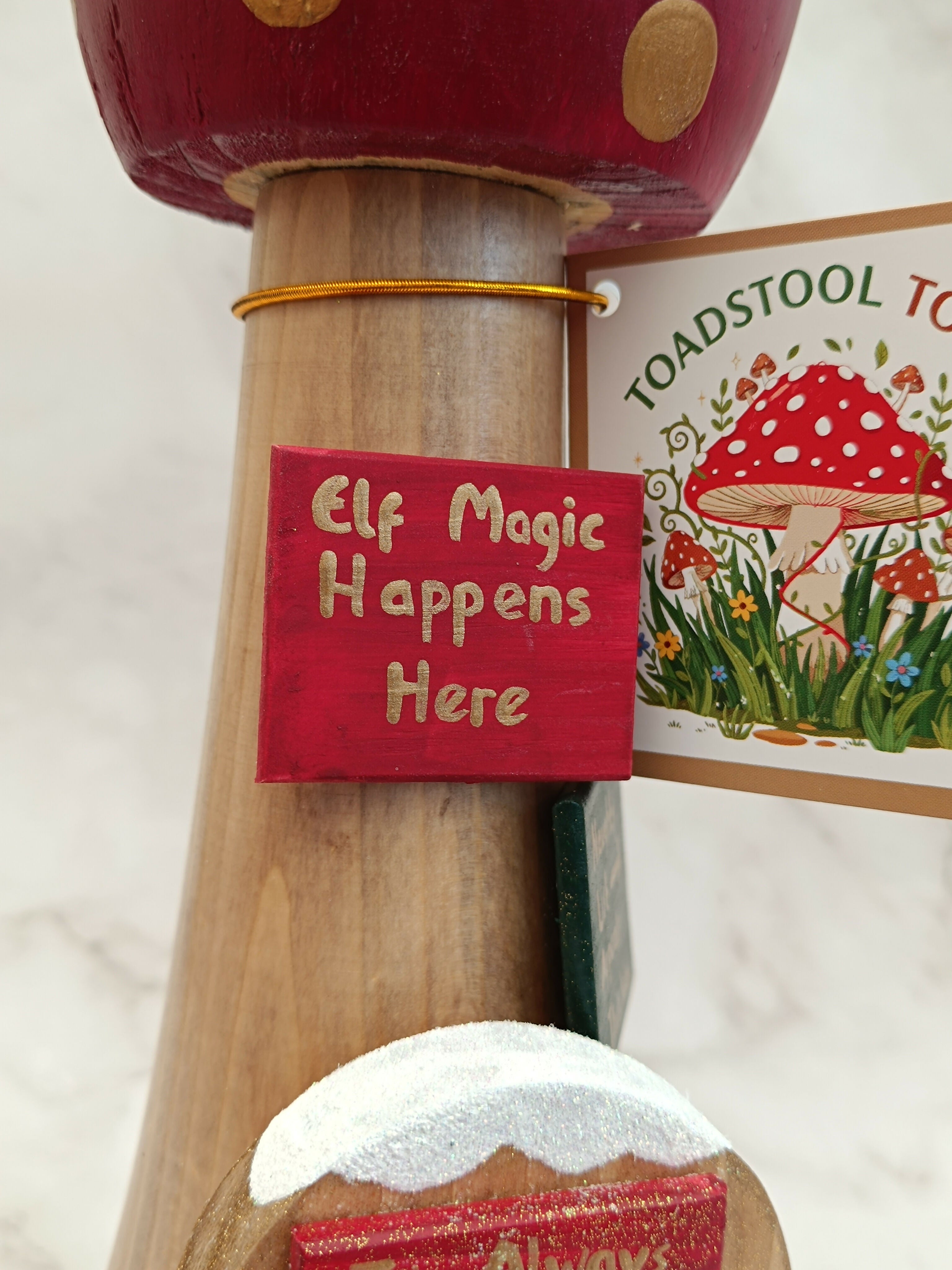 30cm Handmade, Free Standing Painted Wooden Rounded Topped Toadstool Elf House - Whimsical Woodland Ornament & Holiday Keepsake