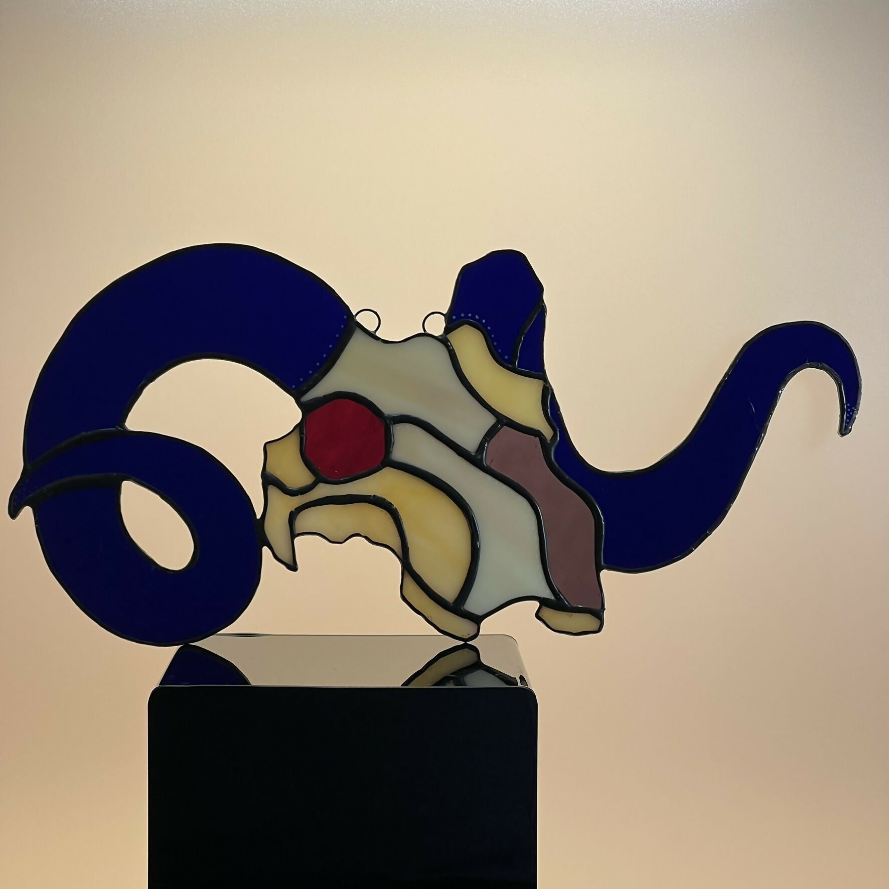 Stained Glass Sheep Skull with Blue horn