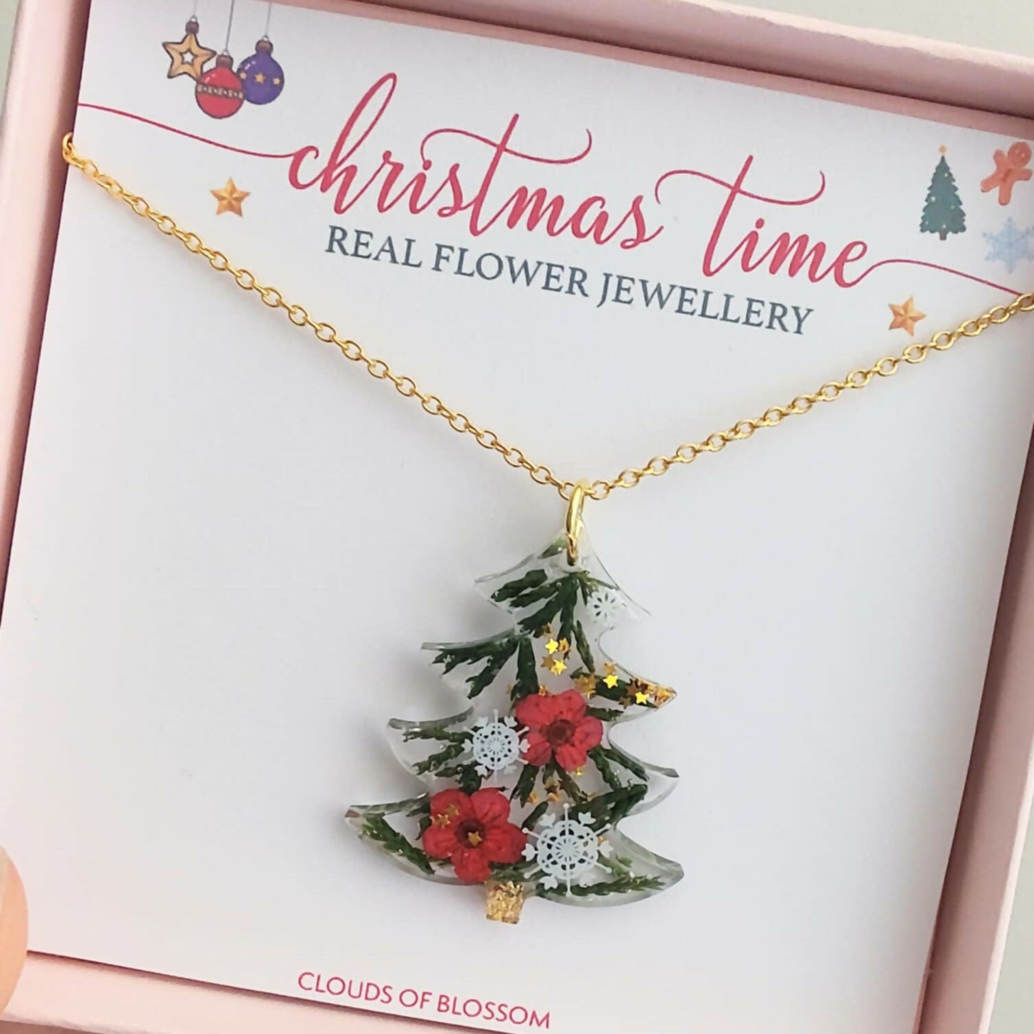Real Christmas Tree Leaves and Red Flowers Necklace Gold Plated