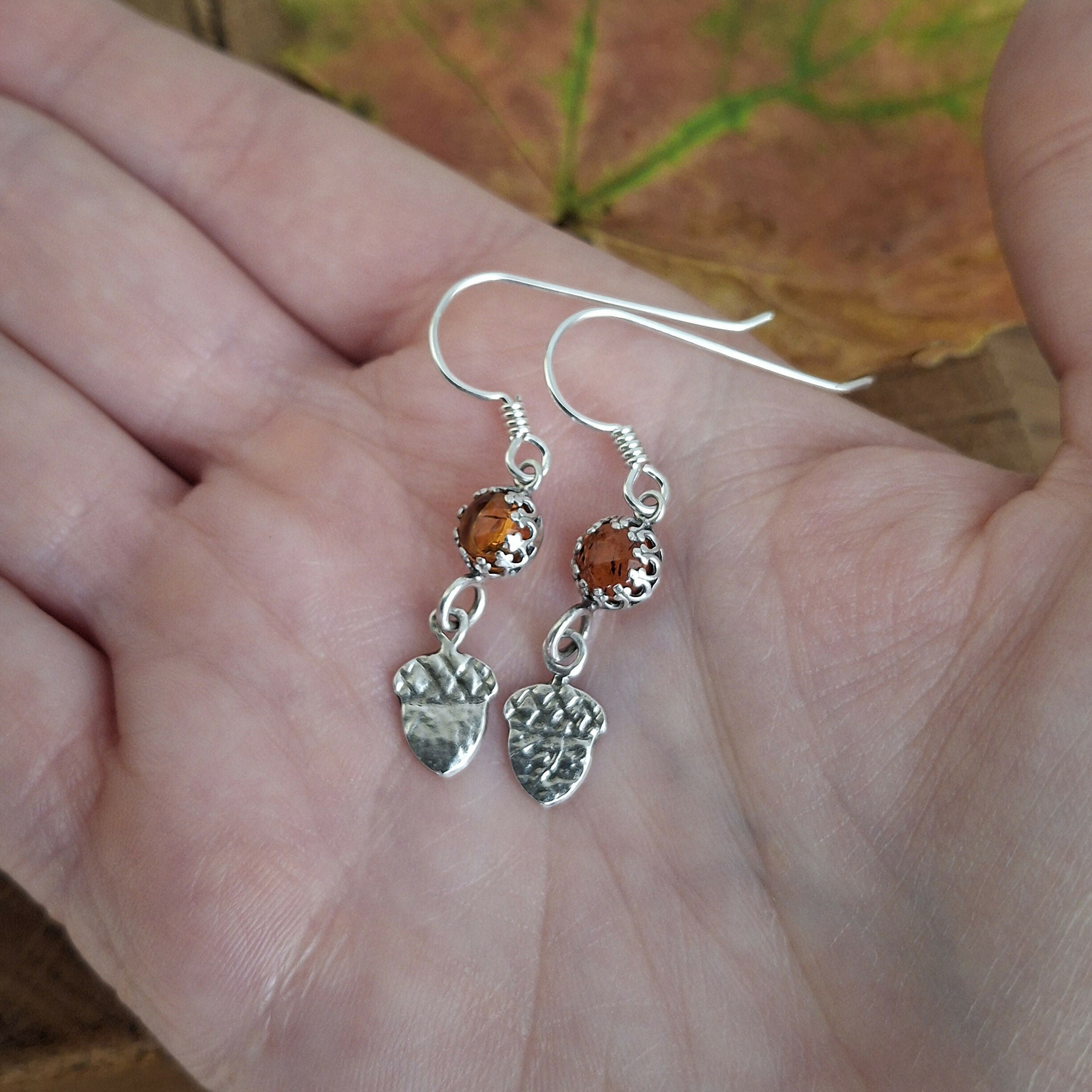 Handmade Silver Acorn Earrings With Amber