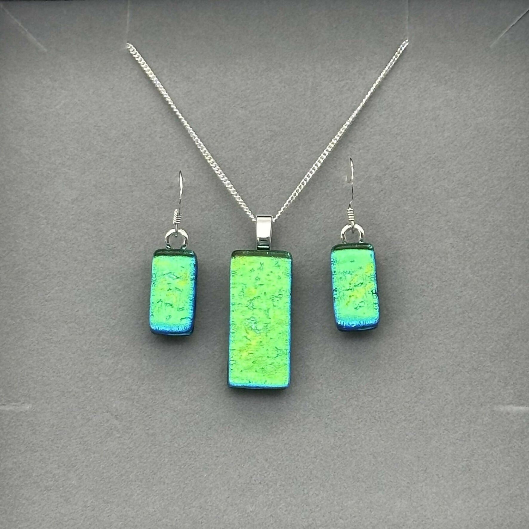 Green Dichroic Glass Necklace and Earrings Set - Sterling Silver, Handmade by Jade Tapson Glass.