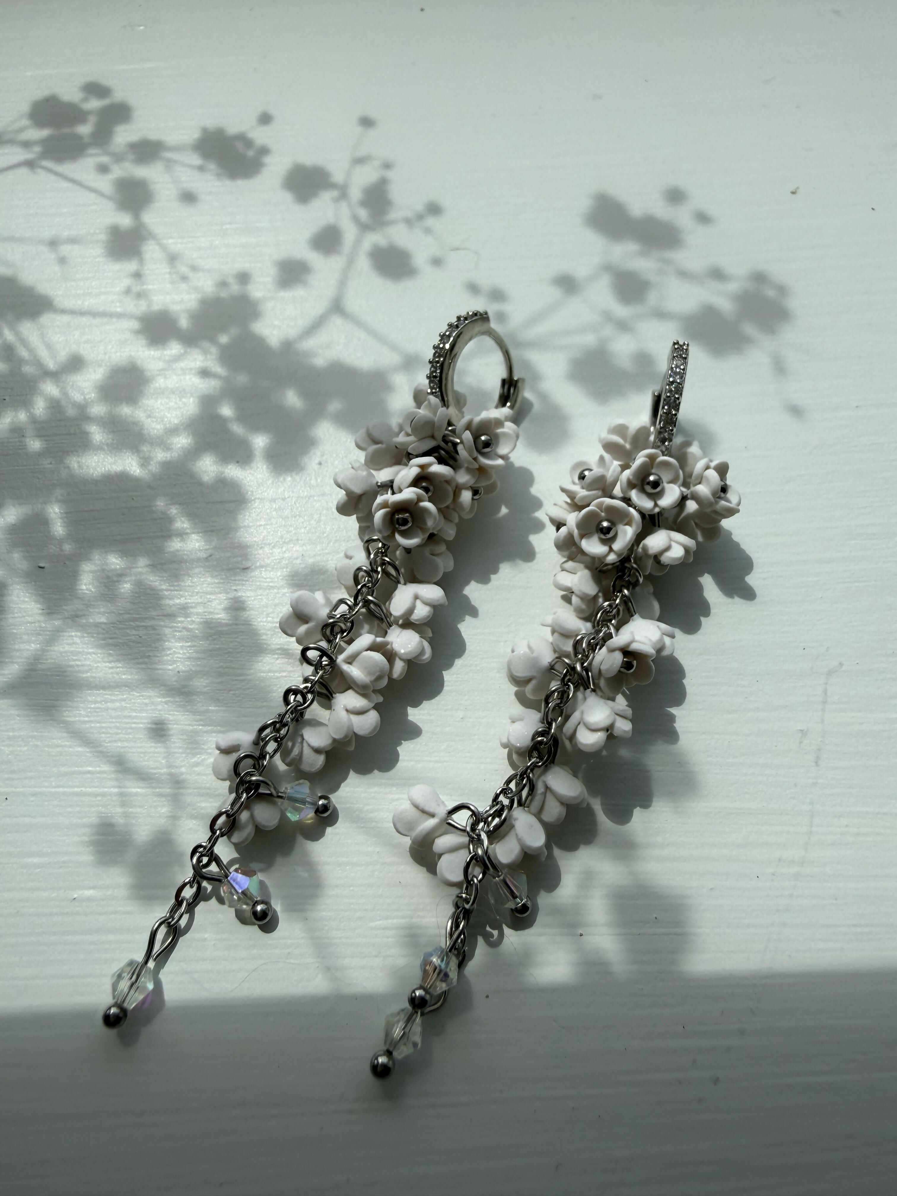 Cascading Flower Drop Earrings with Mini Floral Clusters in White and Silver