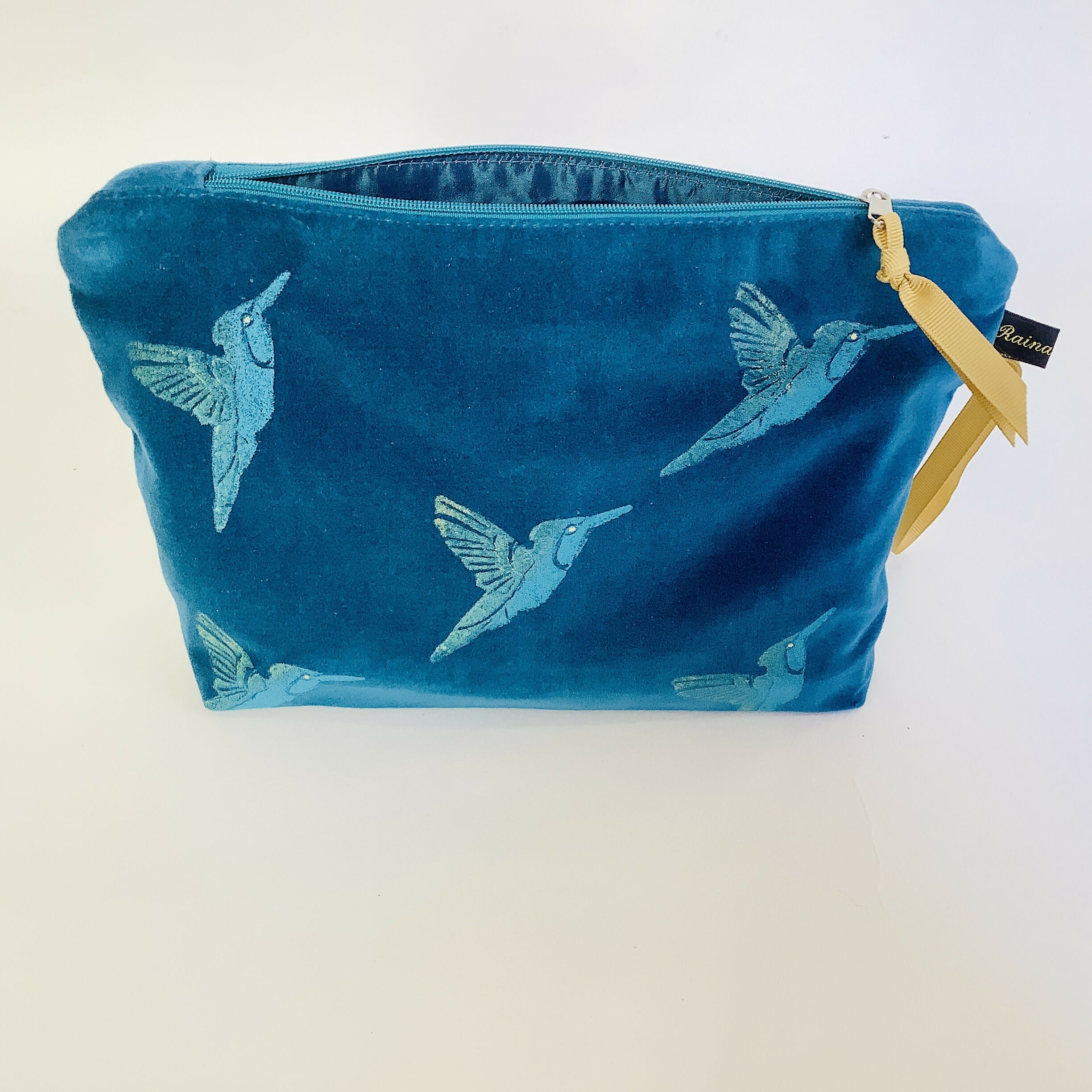 Teal Velvet Hummingbirds Makeup Bag
