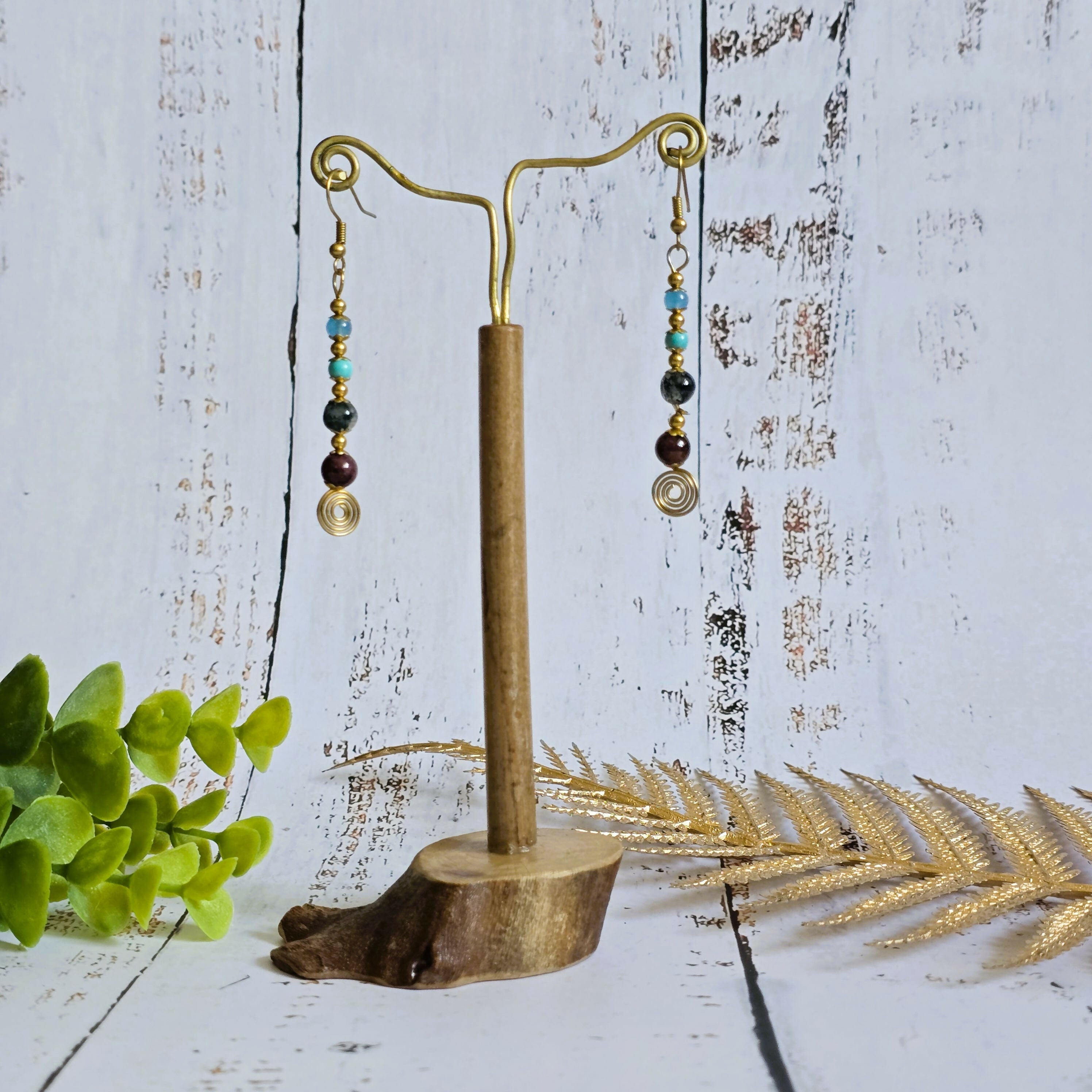 Aquamarine, Turquoise, Moss Agate & Garnet Crystal Drop Earrings; Delicate Boho Gemstone Earrings